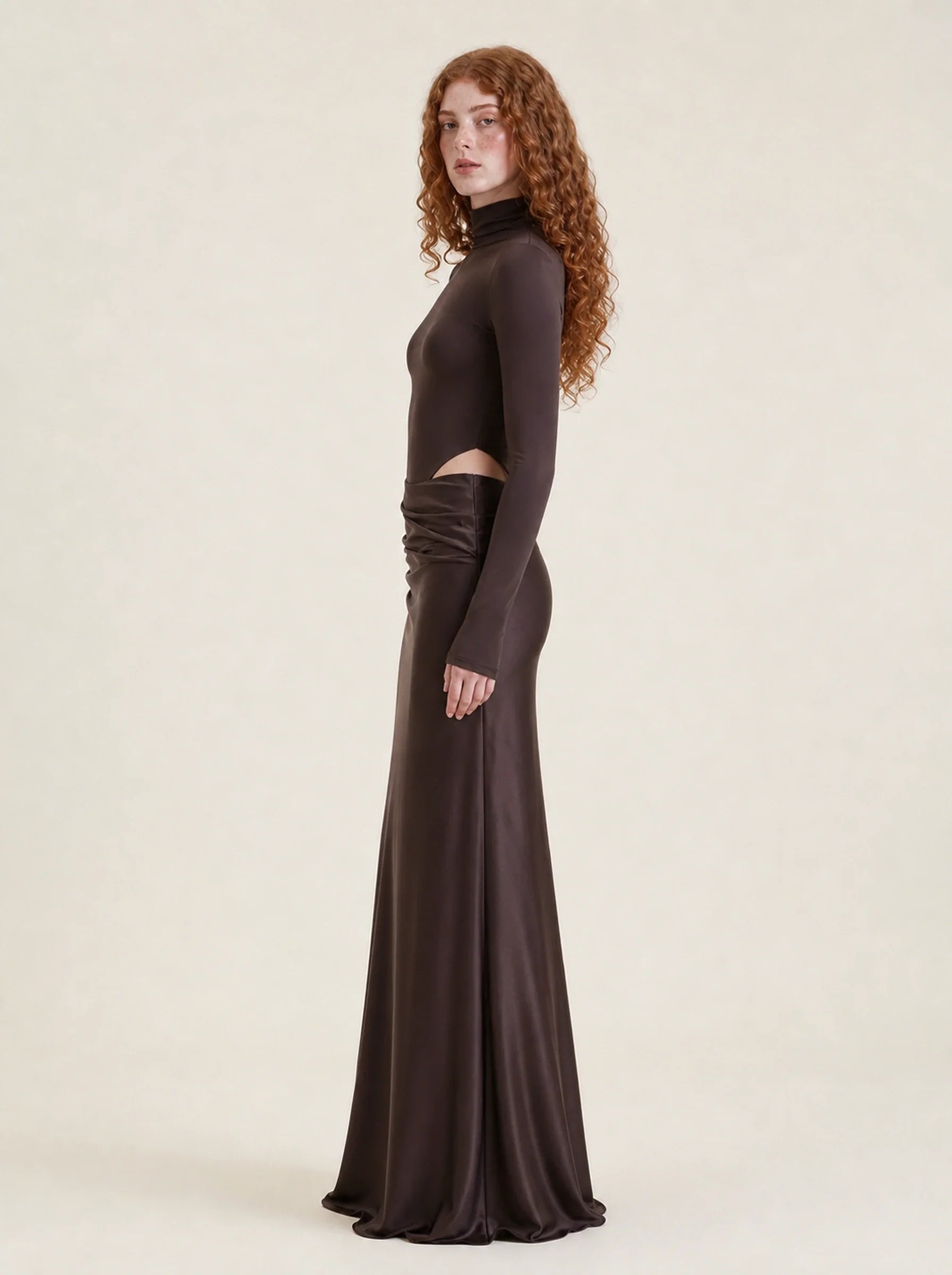 Satin One Shoulder Maxi Dress Celeste Rose — Coffee Long Sleeve, right profile