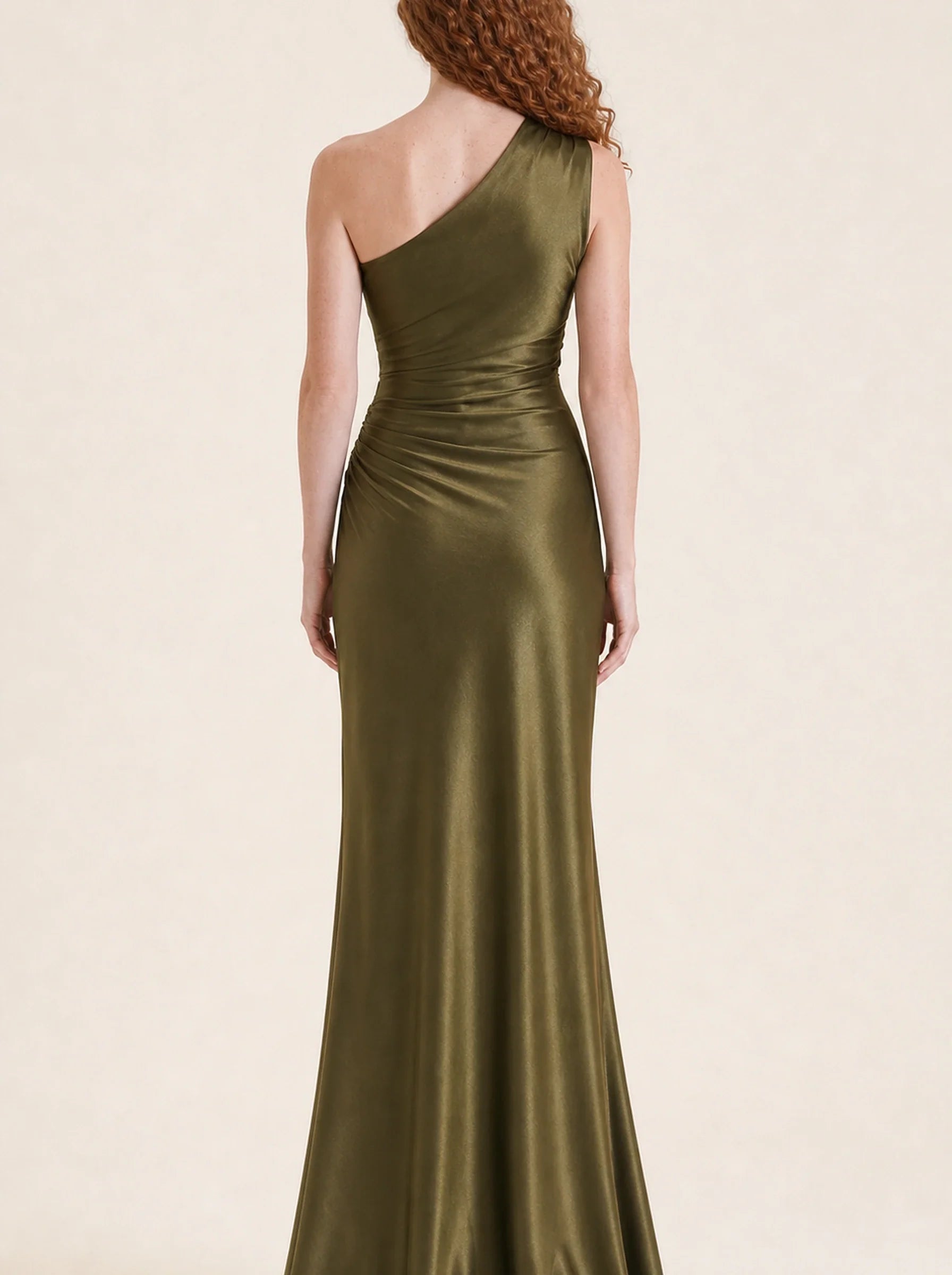 Satin One Shoulder Maxi Dress Celeste Rose — Green, back view