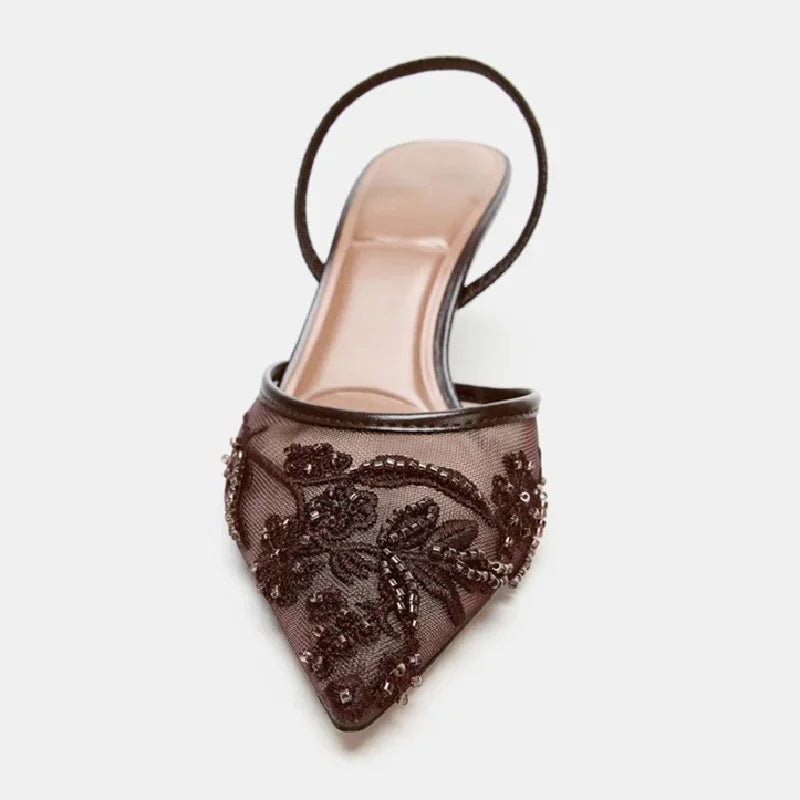 Embroidered Mesh Heeled Sandals Celeste Rose