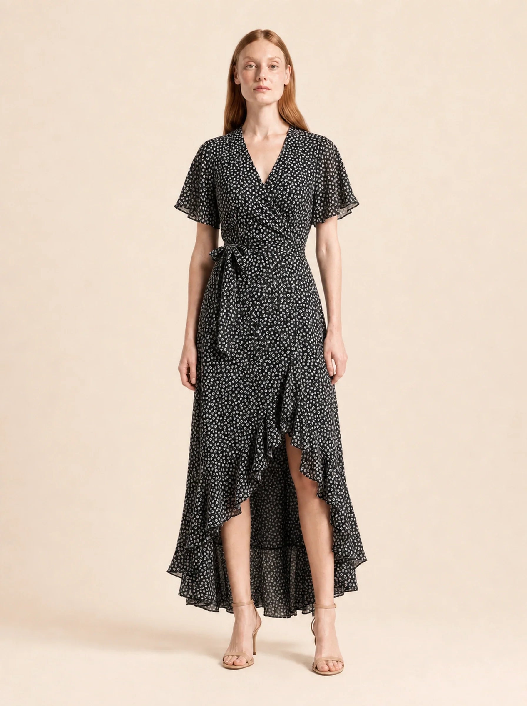 Chiffon Boho Wrap Maxi Dress Aurelia Rose - Black - Front