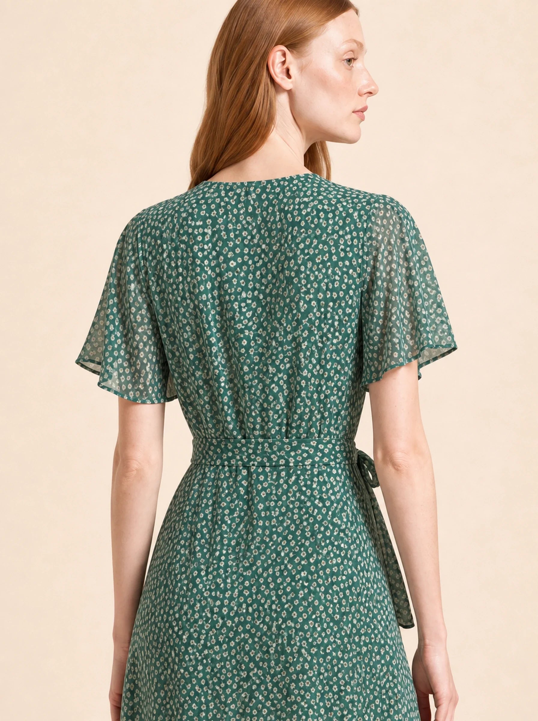 Chiffon Boho Wrap Maxi Dress Aurelia Rose - Green - Back Close up