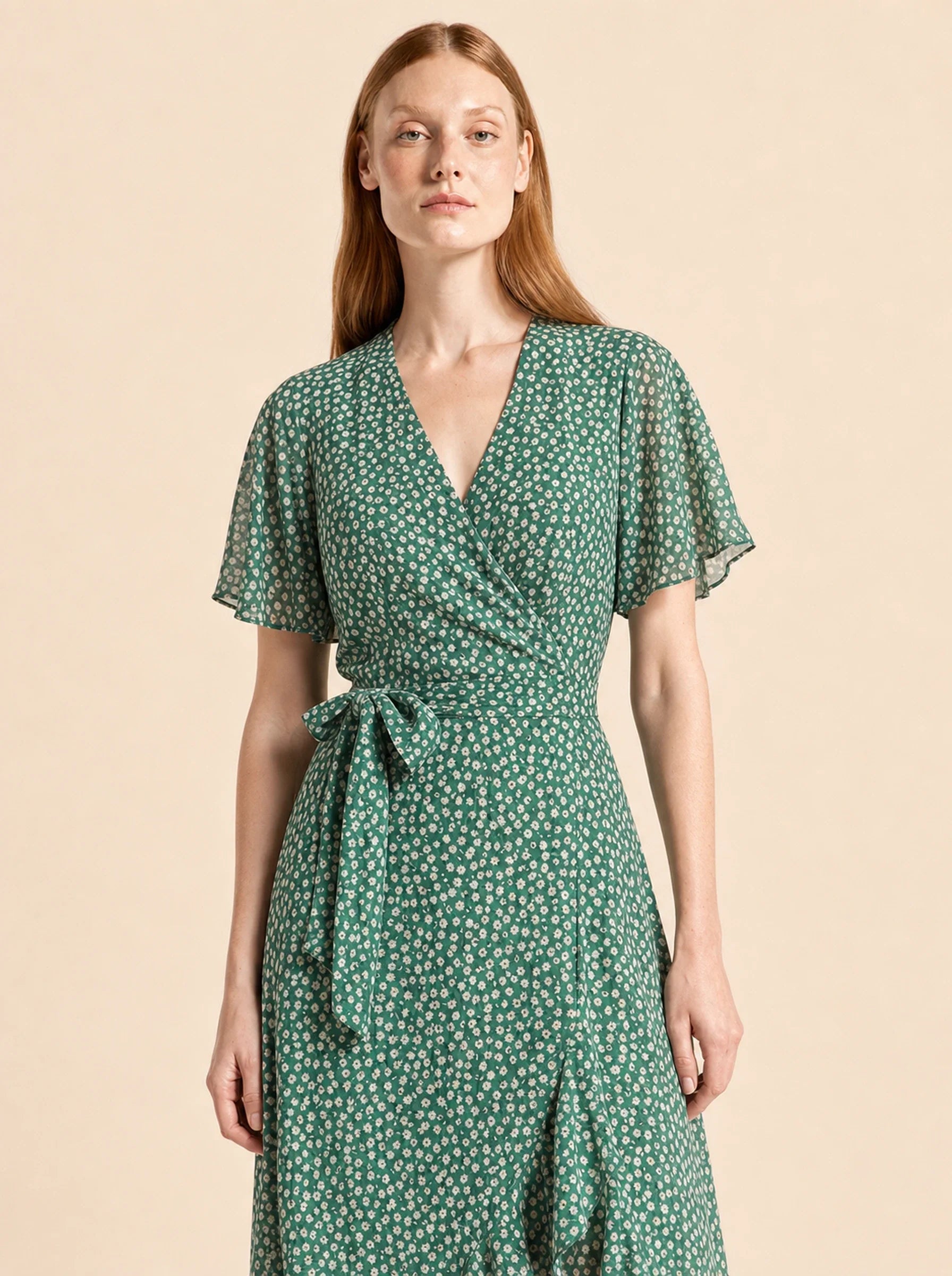 Chiffon Boho Wrap Maxi Dress Aurelia Rose - Green - Bodice Close up