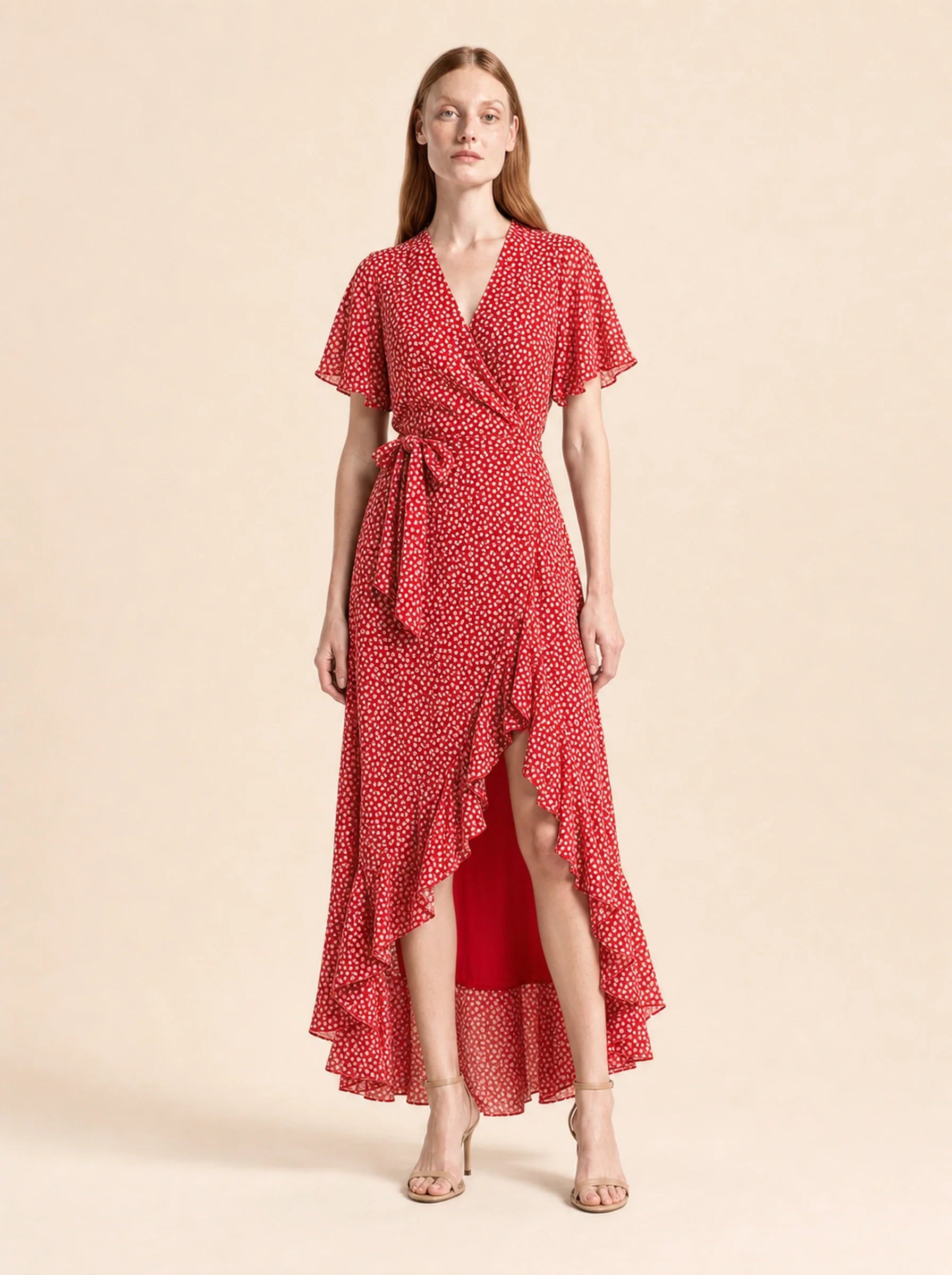 Chiffon Boho Wrap Maxi Dress Aurelia Rose - Red - Front