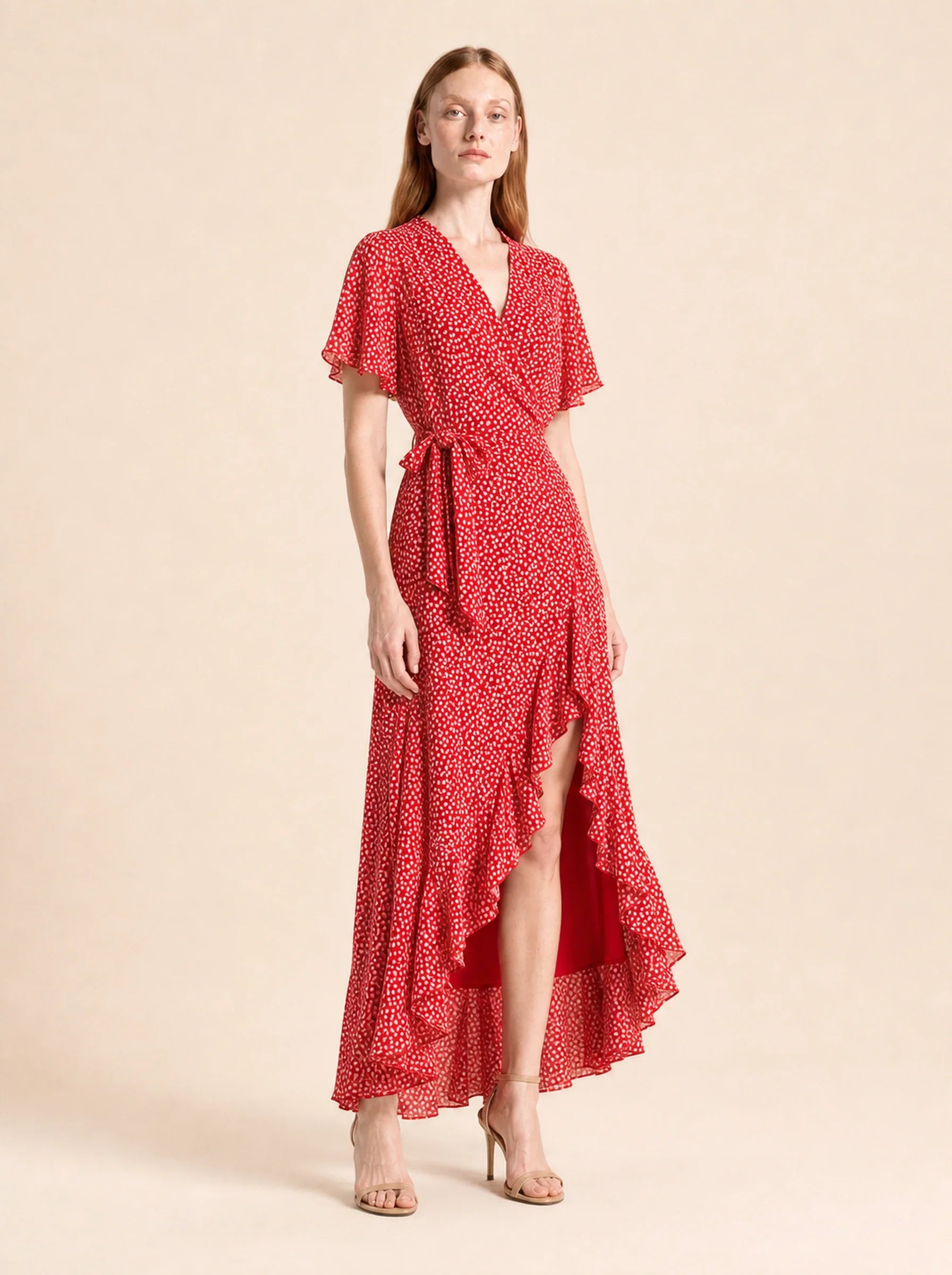 Chiffon Boho Wrap Maxi Dress Aurelia Rose - Red - Three Quarter