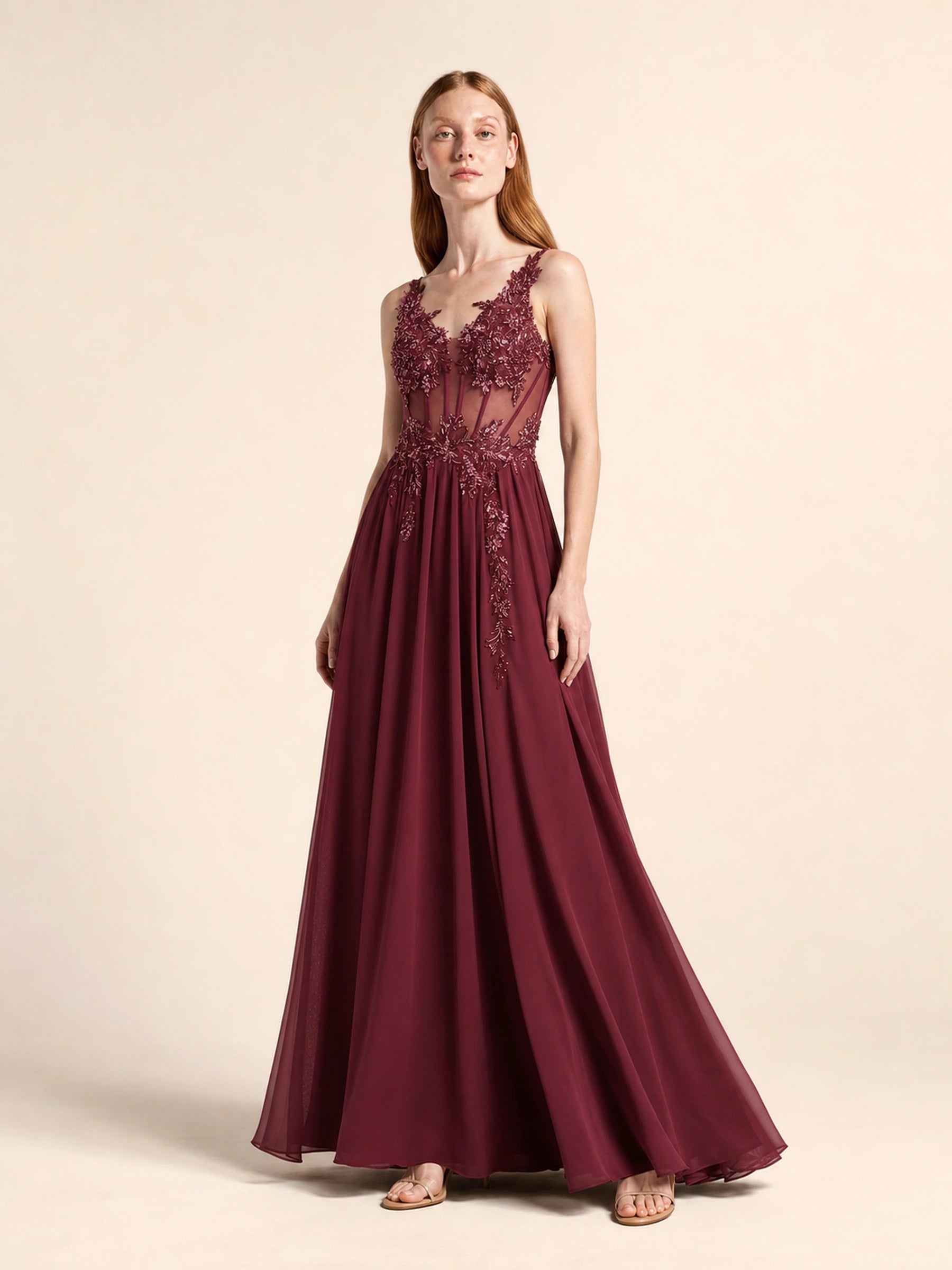 Beaded Chiffon Prom Gown Rosalind Rose - Burgundy - 03 three quarter