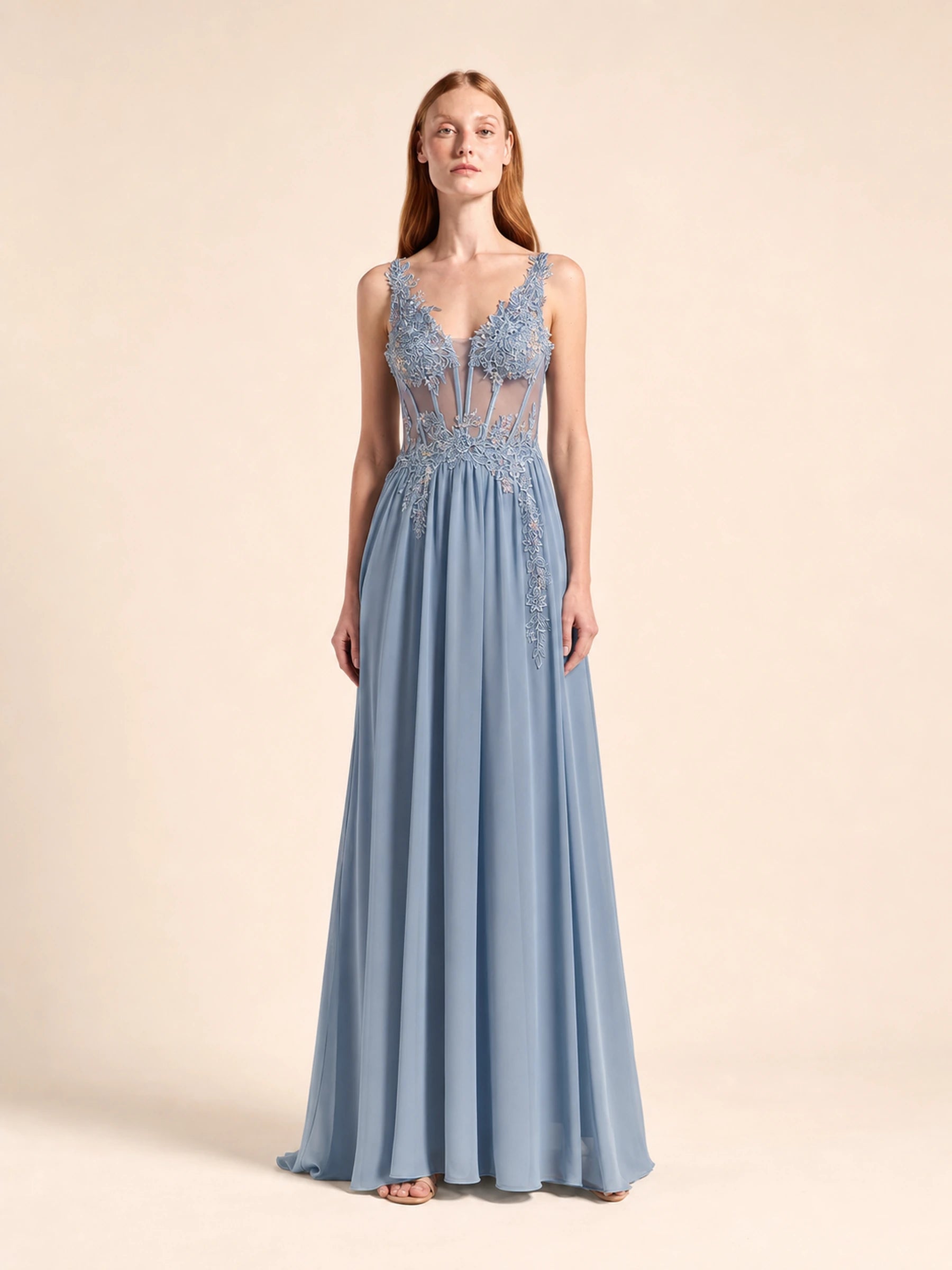 Beaded Chiffon Prom Gown Rosalind Rose - Dusty Blue - 01 front