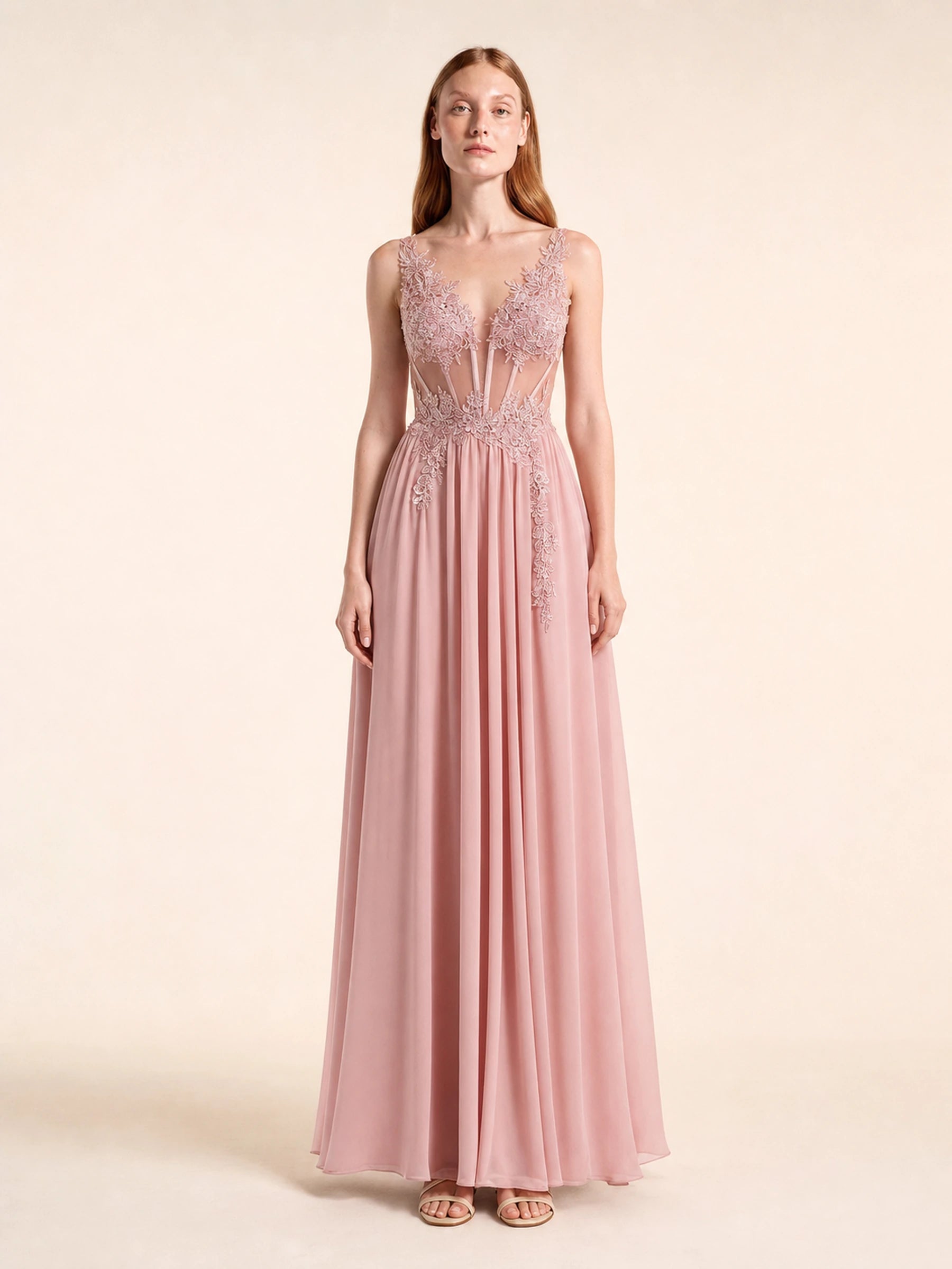 Beaded Chiffon Prom Gown Rosalind Rose - Dusty Pink - 01 front