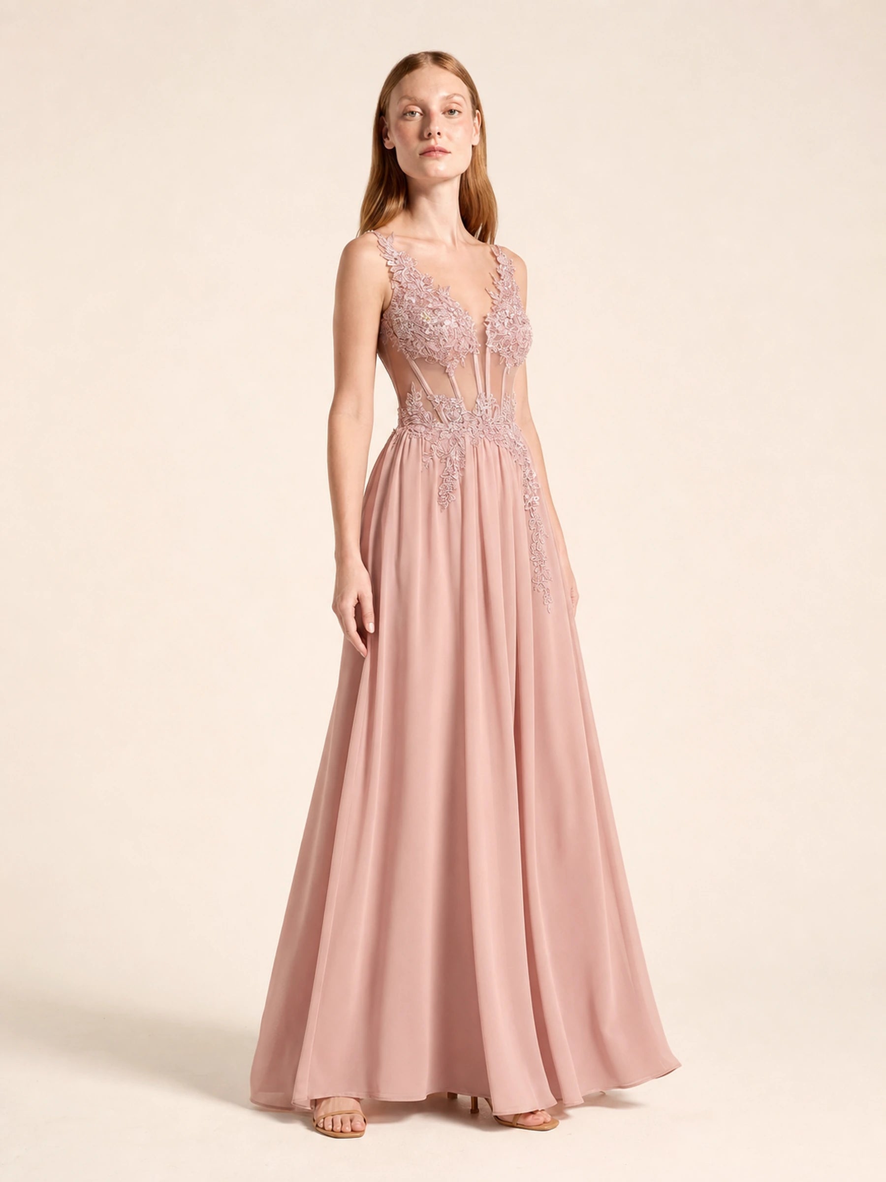 Beaded Chiffon Prom Gown Rosalind Rose - Dusty Pink - 03 three quarter
