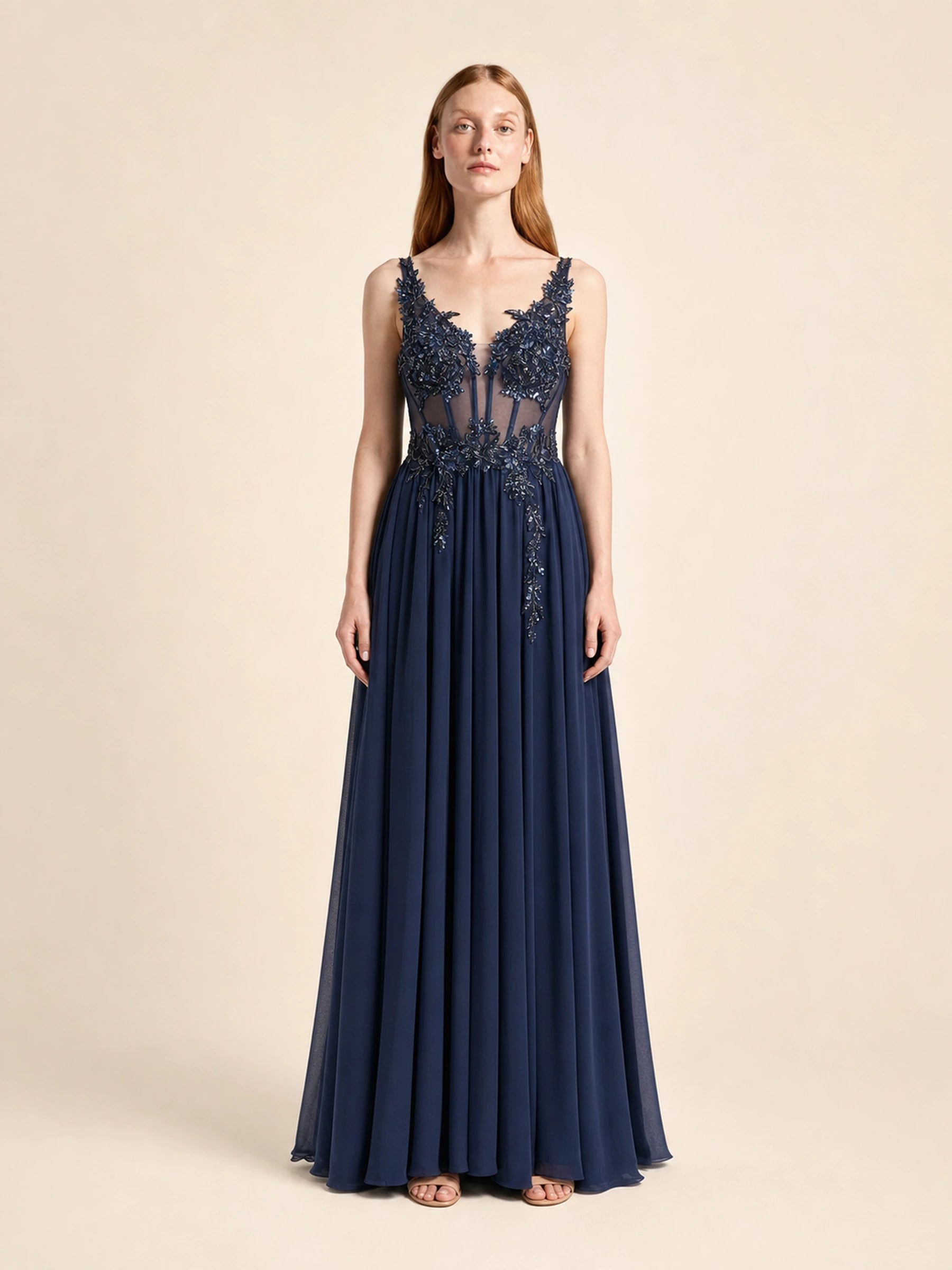 Beaded Chiffon Prom Gown Rosalind Rose - Navy - 01 front