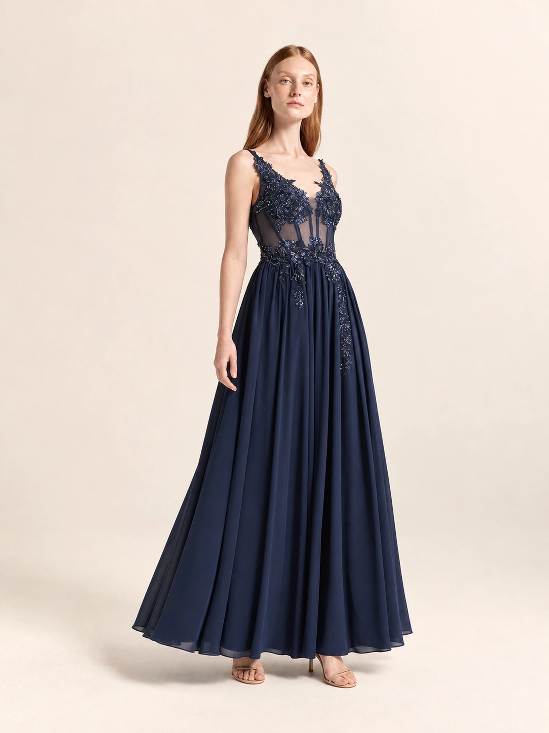 Beaded Chiffon Prom Gown Rosalind Rose - Navy - 03 three quarter