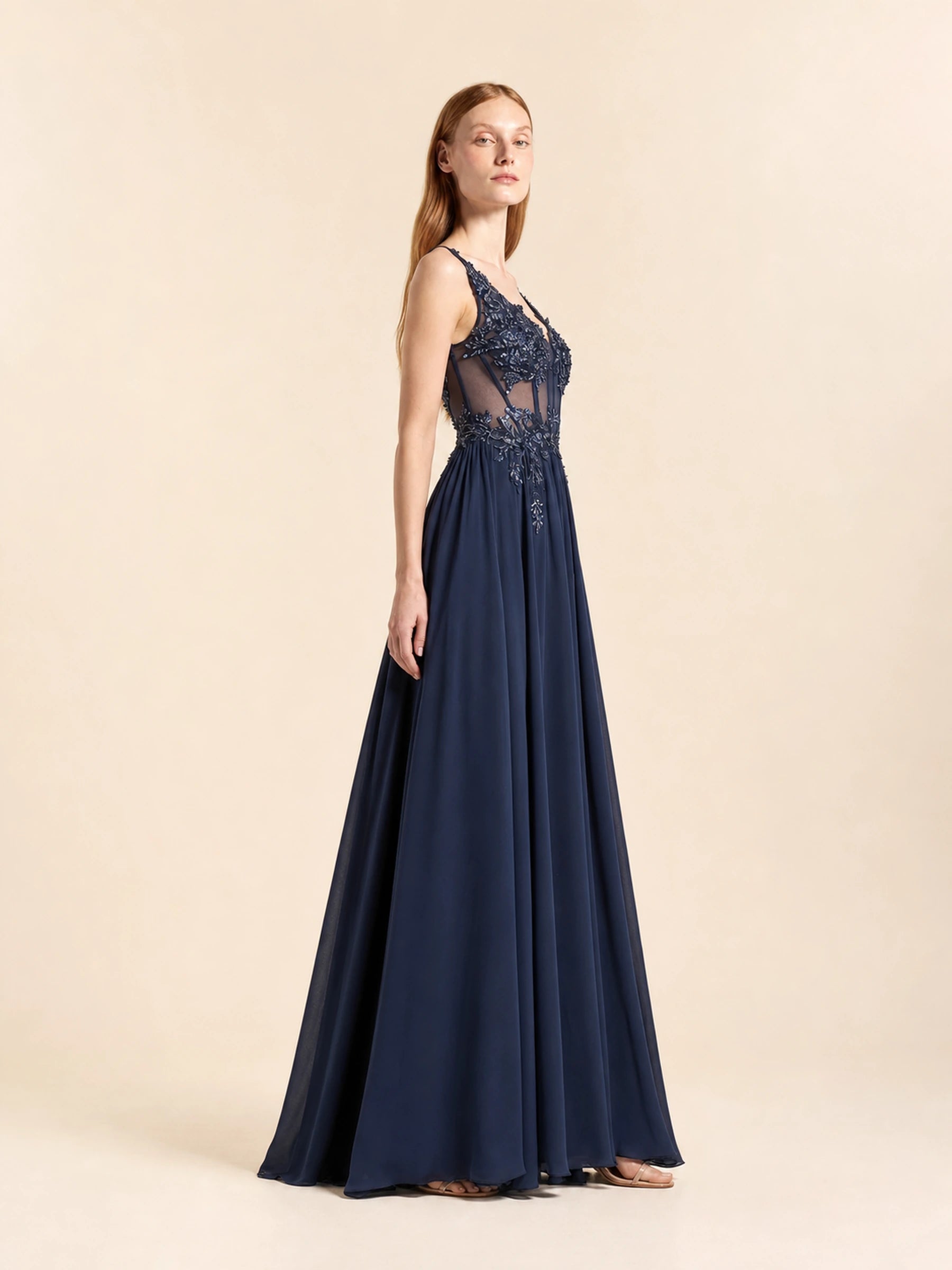 Beaded Chiffon Prom Gown Rosalind Rose - Navy - 04 left profile