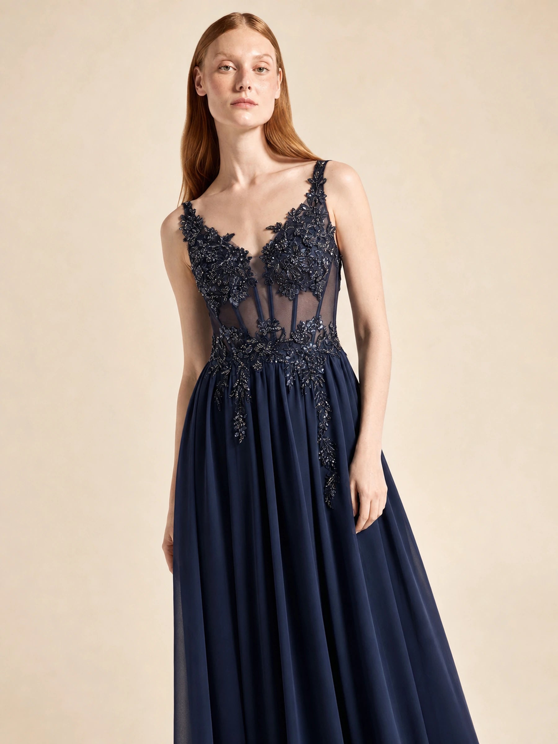 Beaded Chiffon Prom Gown Rosalind Rose - Navy - 08 fabric fit