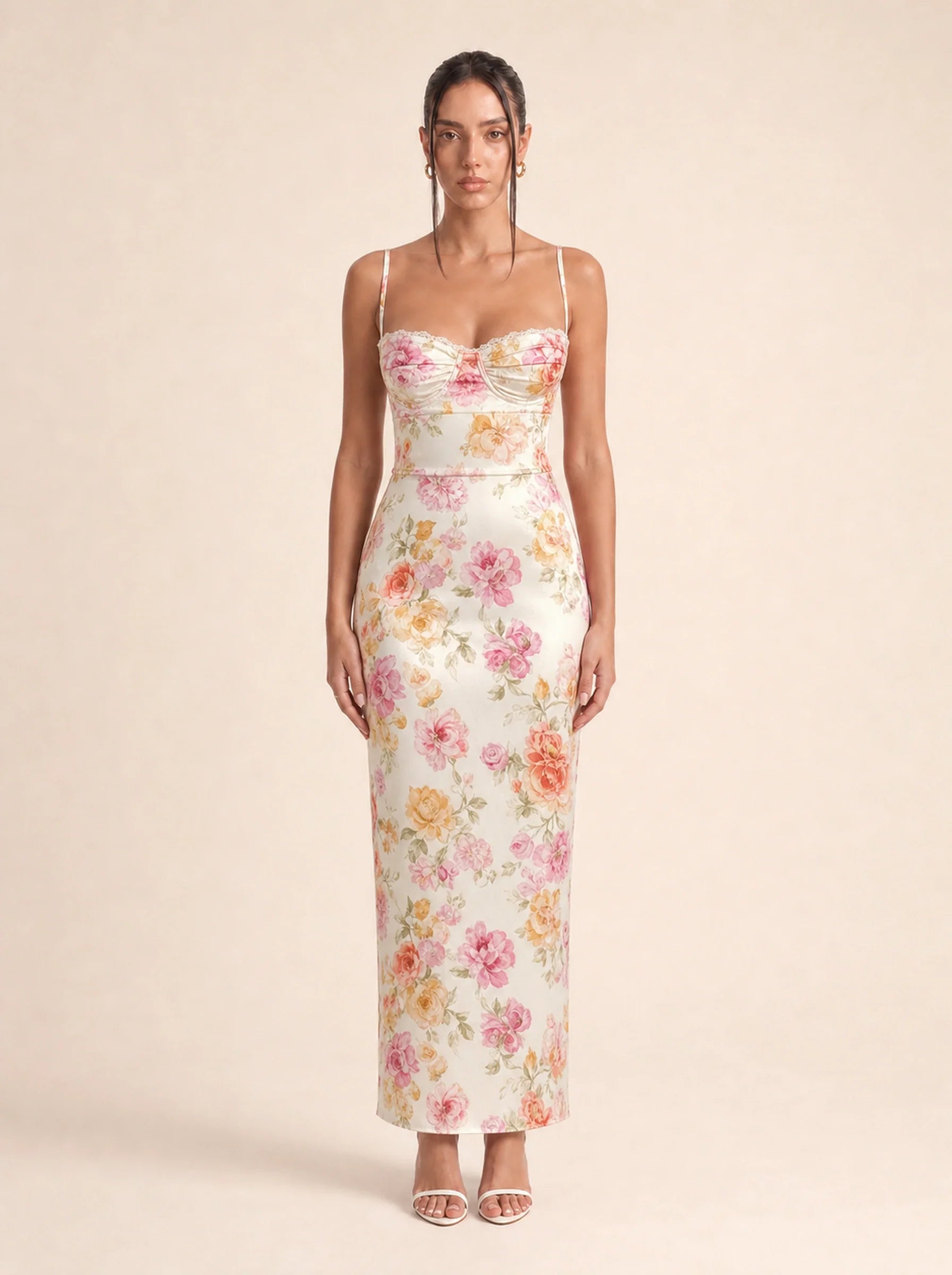 Floral Spaghetti Strap Maxi Dress Celeste Rose - Ivory print front view