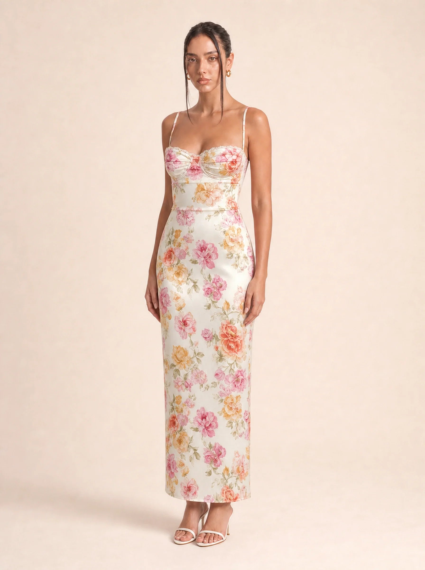 Floral Spaghetti Strap Maxi Dress Celeste Rose - Ivory print three-quarter view