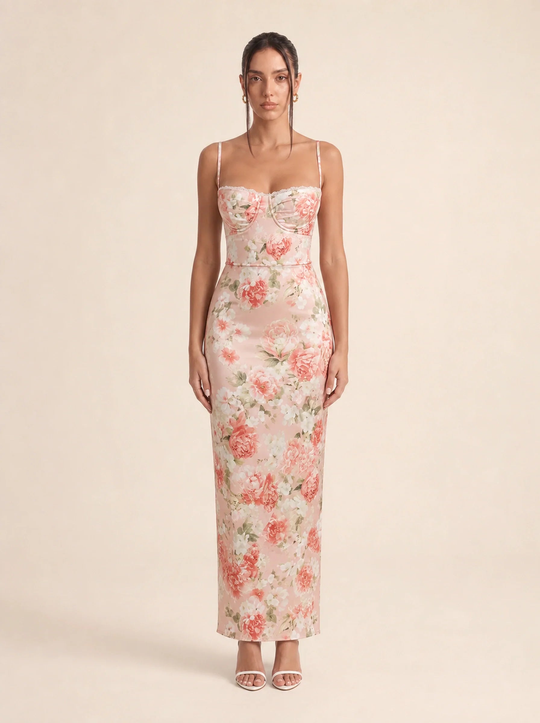 Floral Spaghetti Strap Maxi Dress Celeste Rose - Peony print front view