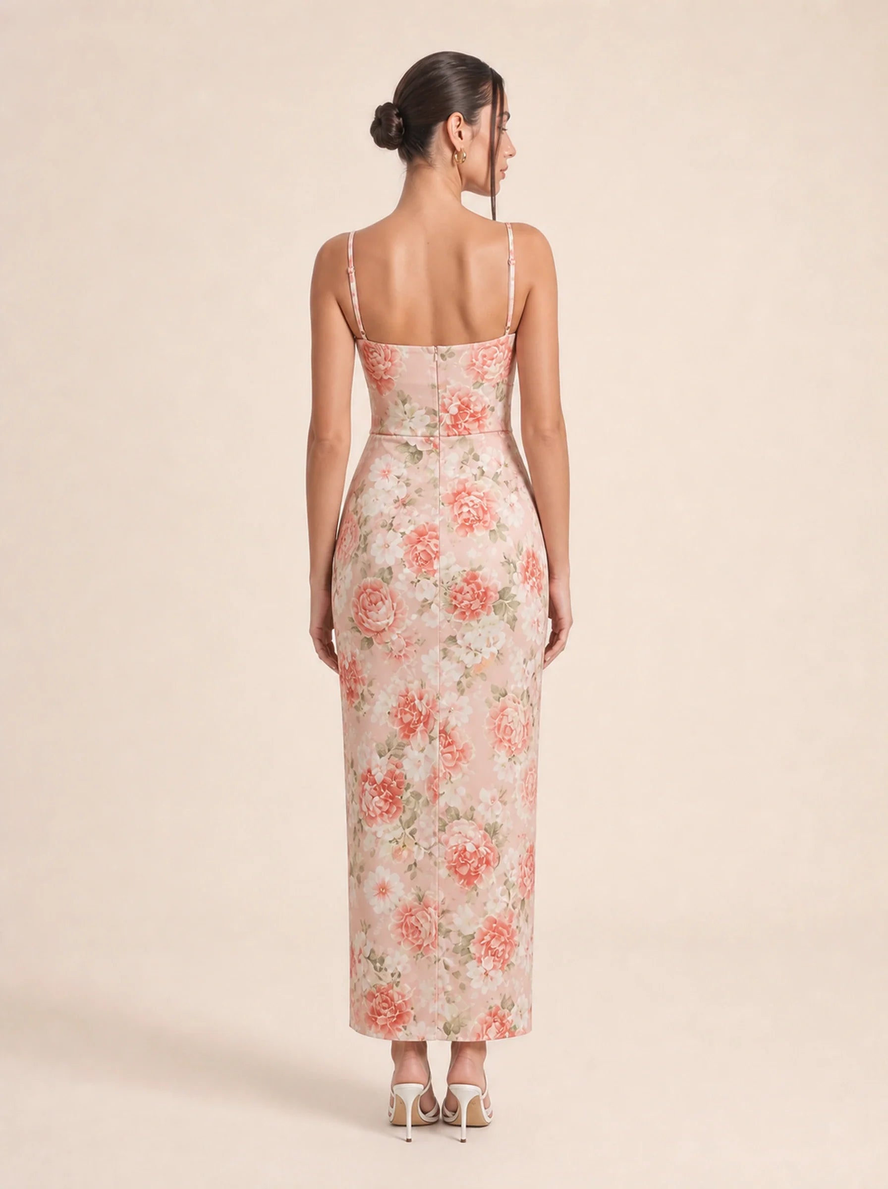 Floral Spaghetti Strap Maxi Dress Celeste Rose - Peony print back view