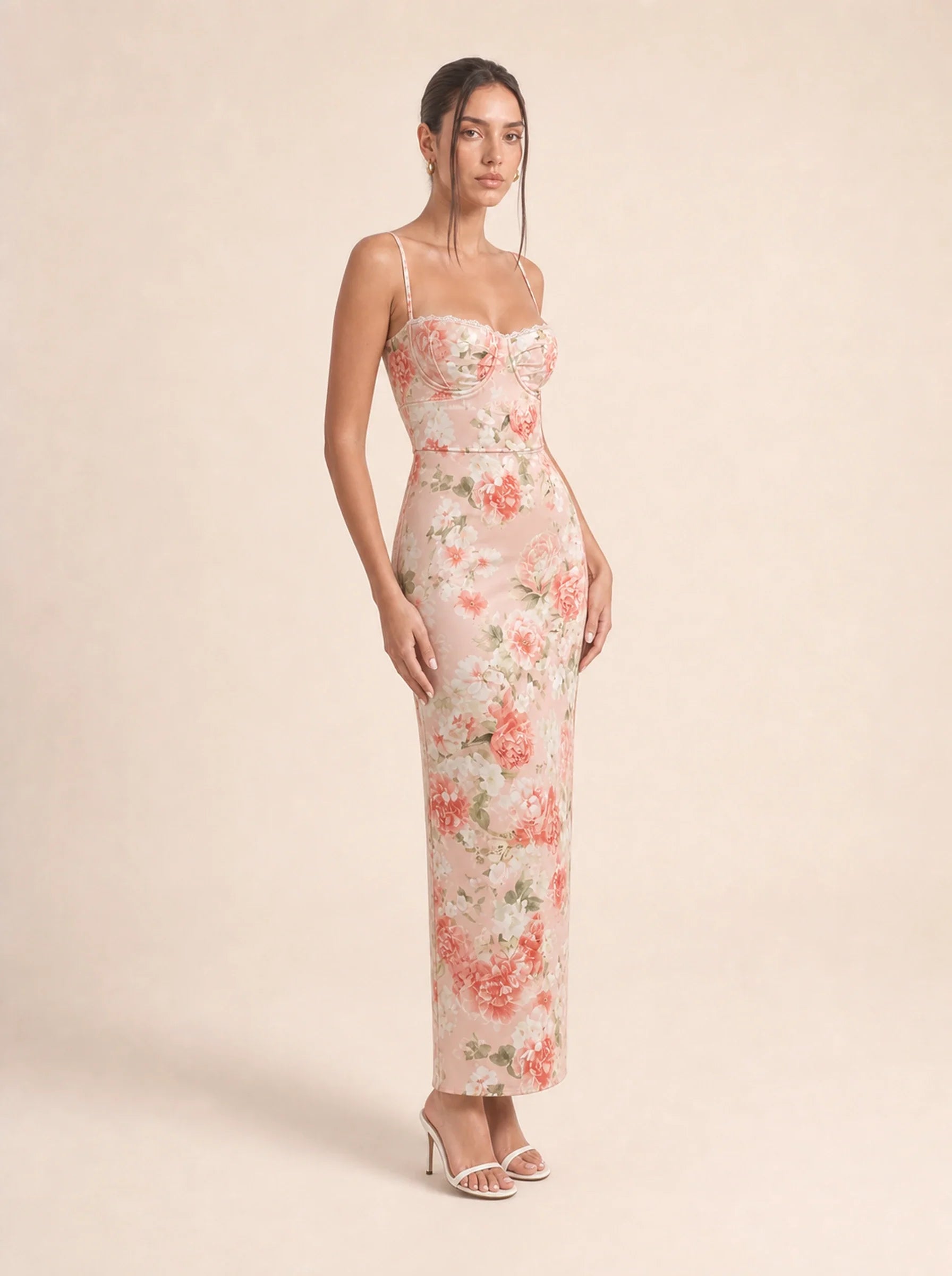Floral Spaghetti Strap Maxi Dress Celeste Rose - Peony print three-quarter view