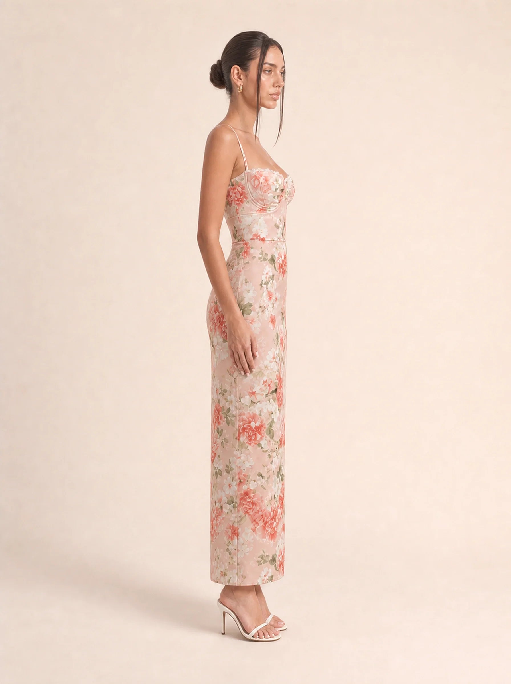 Floral Spaghetti Strap Maxi Dress Celeste Rose - Peony print side profile