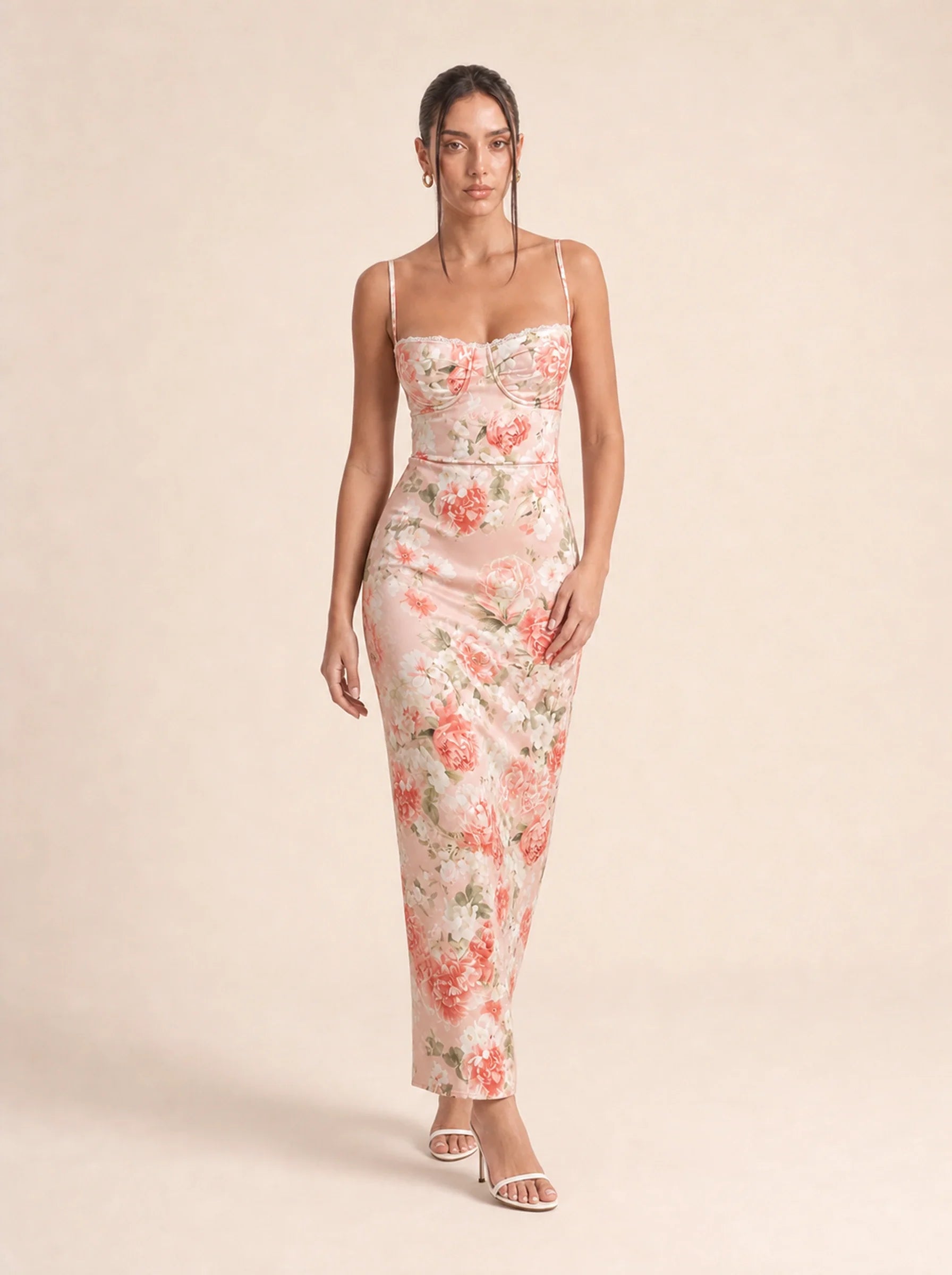 Floral Spaghetti Strap Maxi Dress Celeste Rose - Peony print movement view