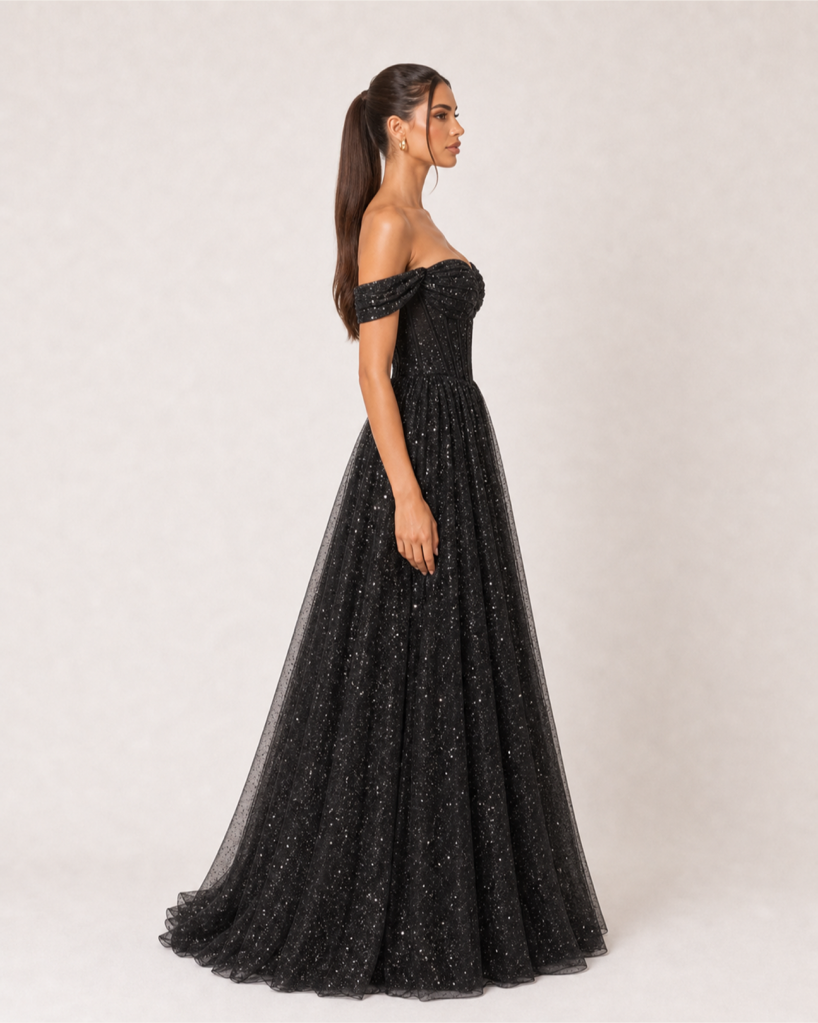Glitter Tulle Prom Gown Estelle Rose - Black - Right Profile