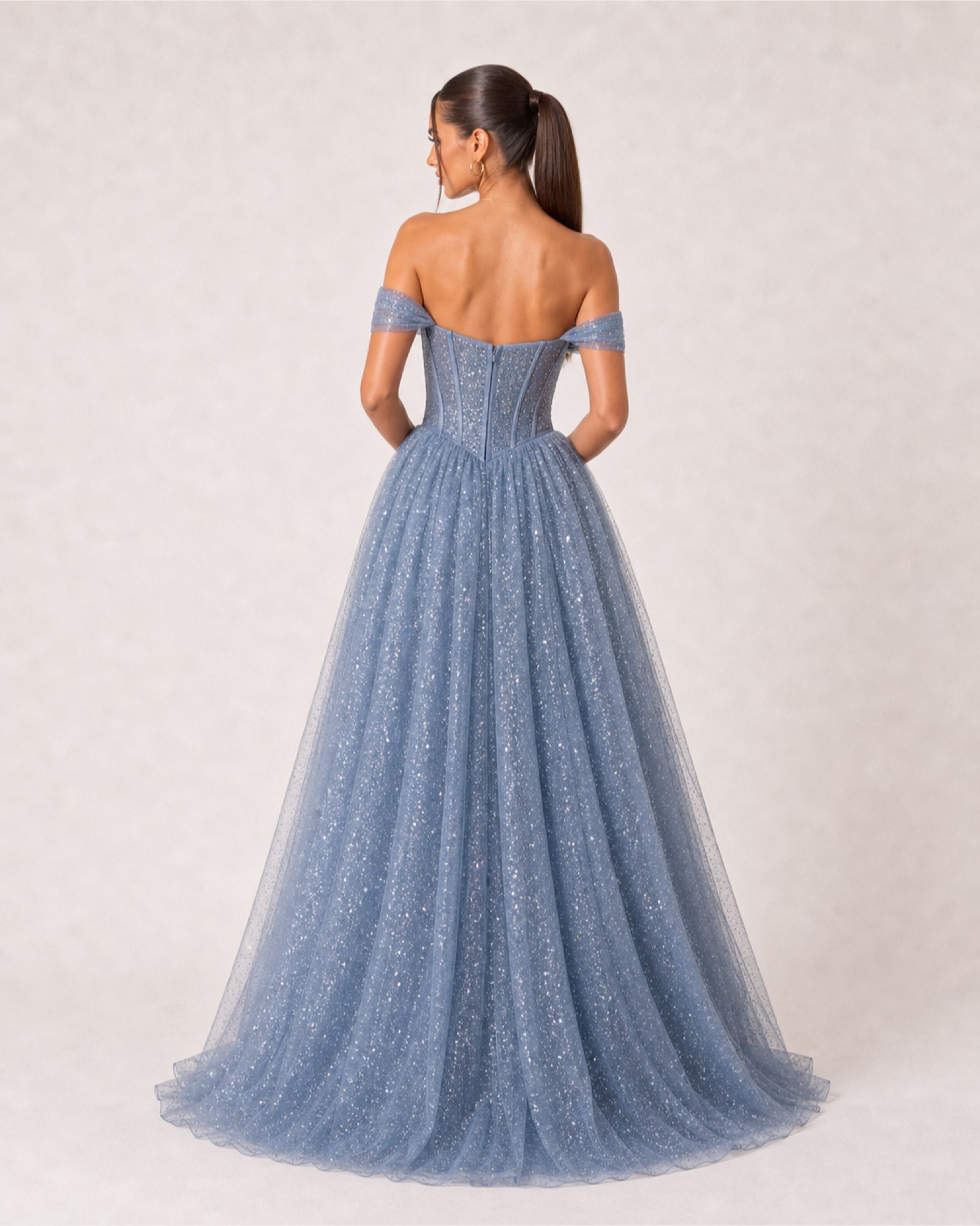 Glitter Tulle Prom Gown Estelle Rose - Dusty Blue - Back