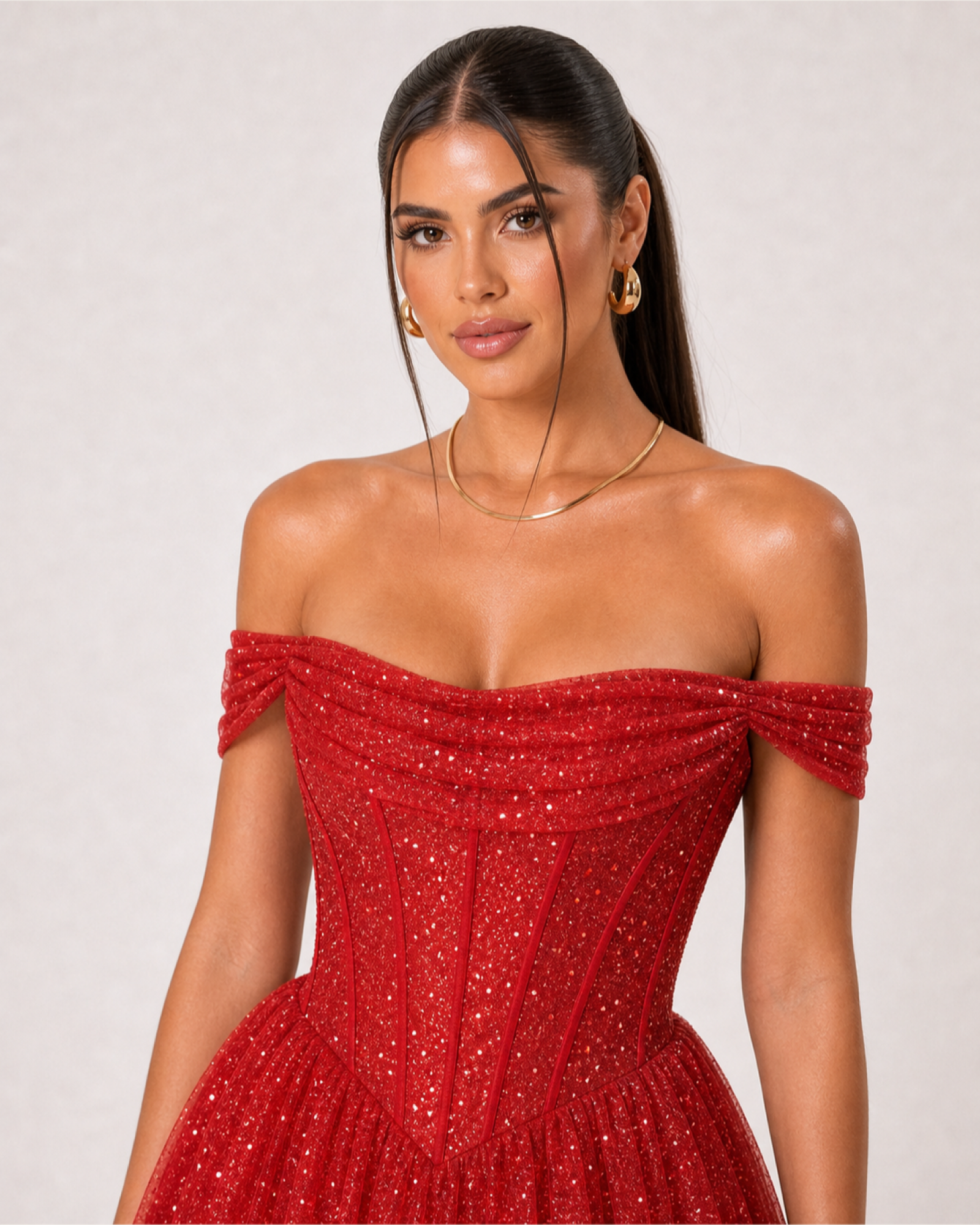 Glitter Tulle Prom Gown Estelle Rose - Red - Upper Closeup
