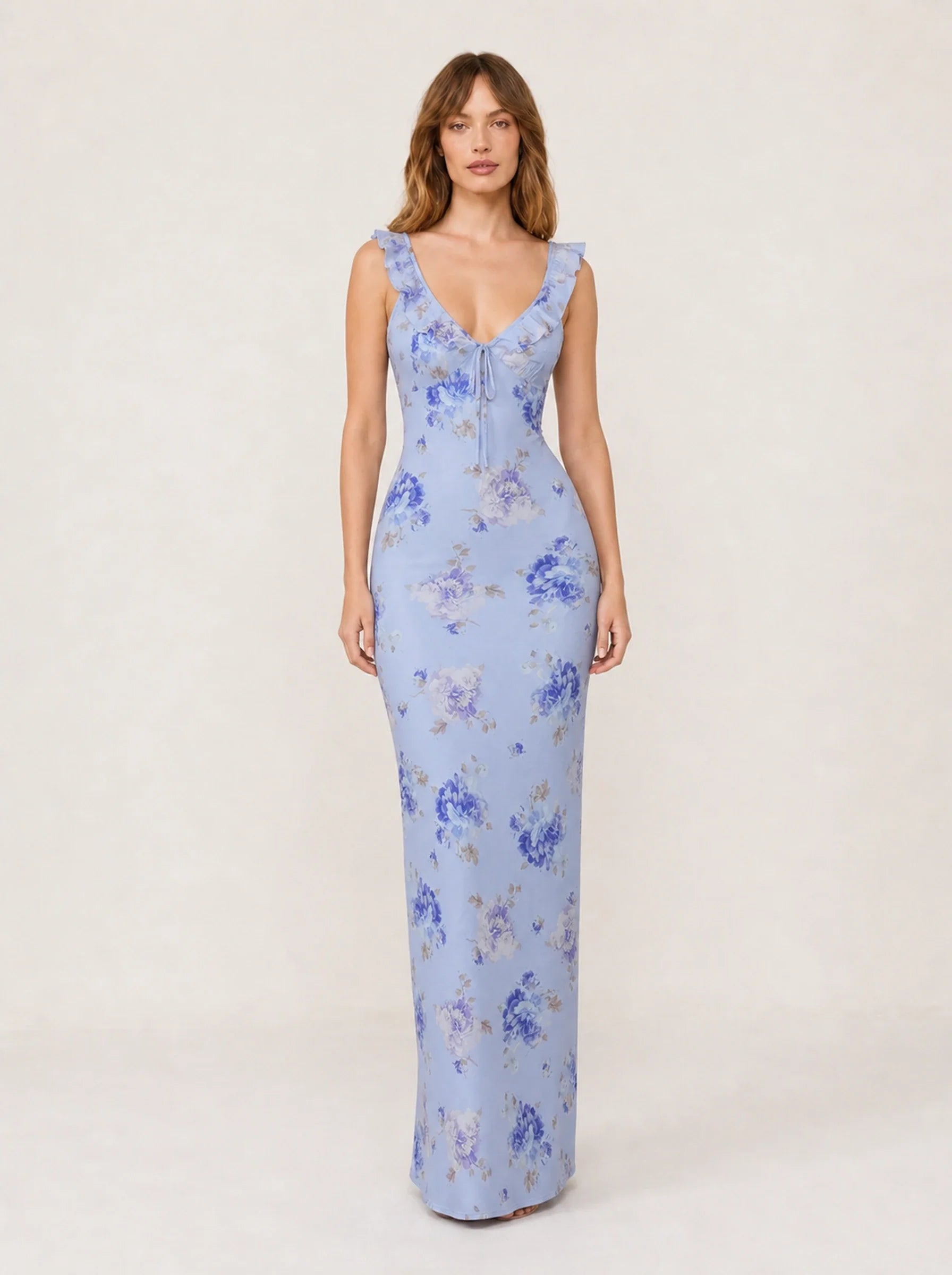 Floral Print Backless Maxi Dress Solène Rose - Blue - Front