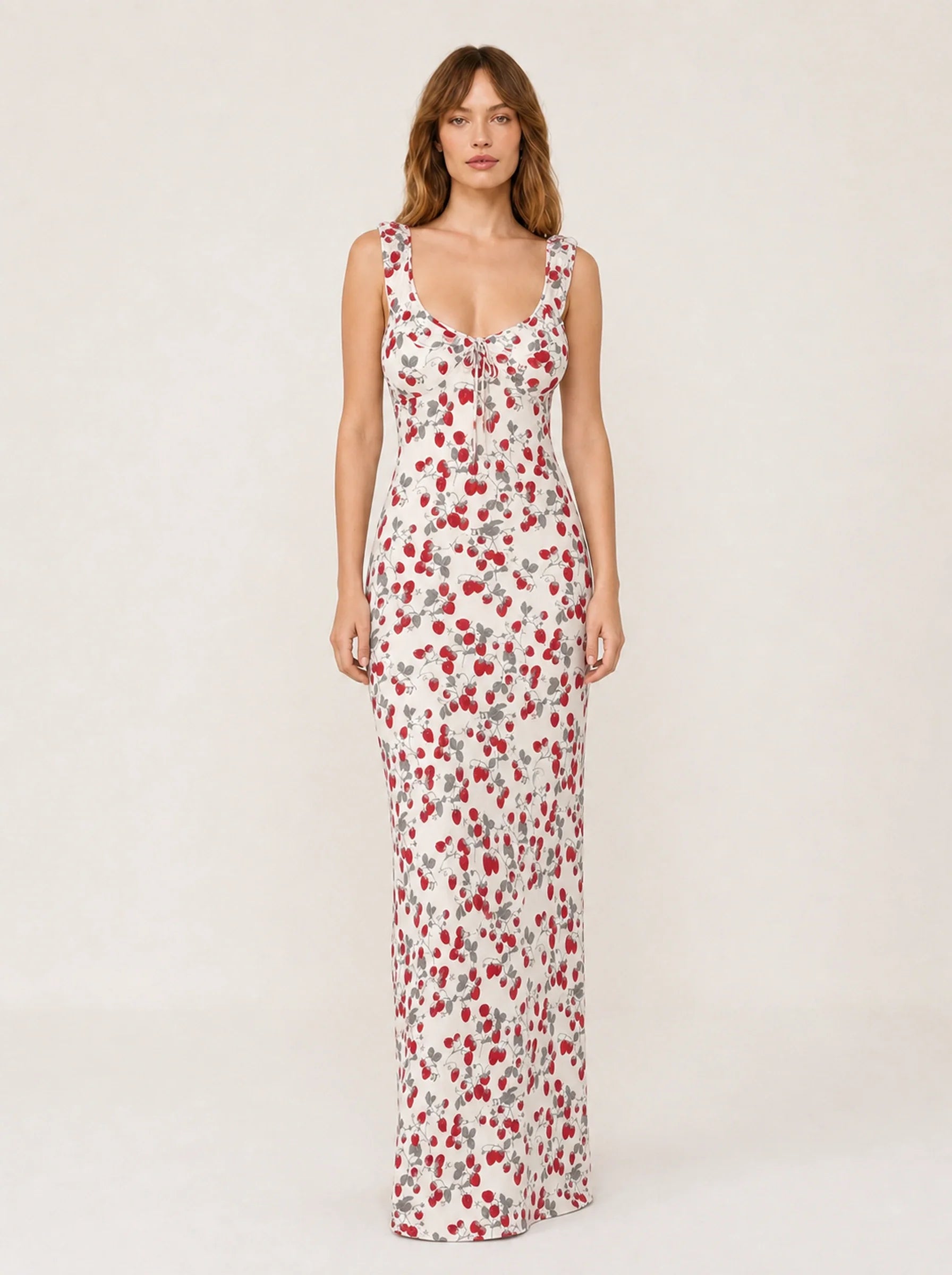 Floral Print Backless Maxi Dress Solène Rose - Red - Front