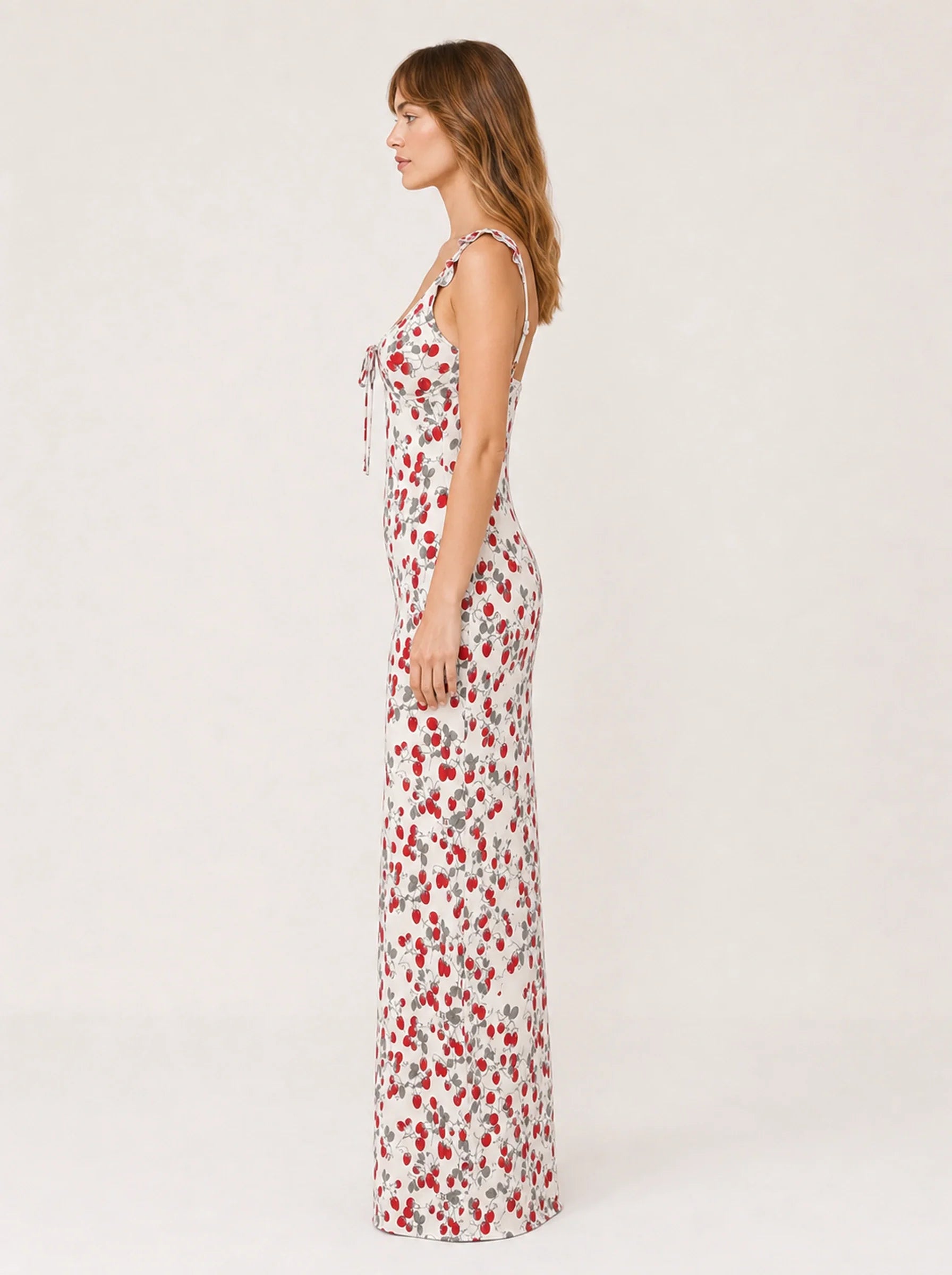 Floral Print Backless Maxi Dress Solène Rose - Red - Left Profile