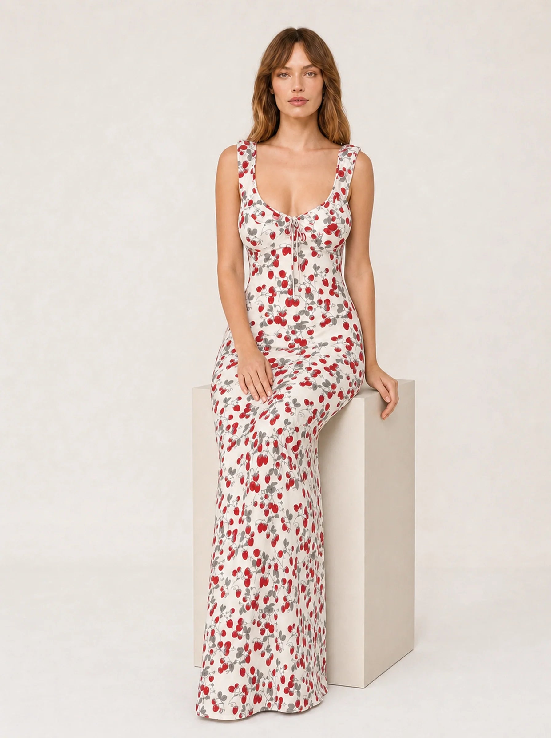 Floral Print Backless Maxi Dress Solène Rose - Red - Seated