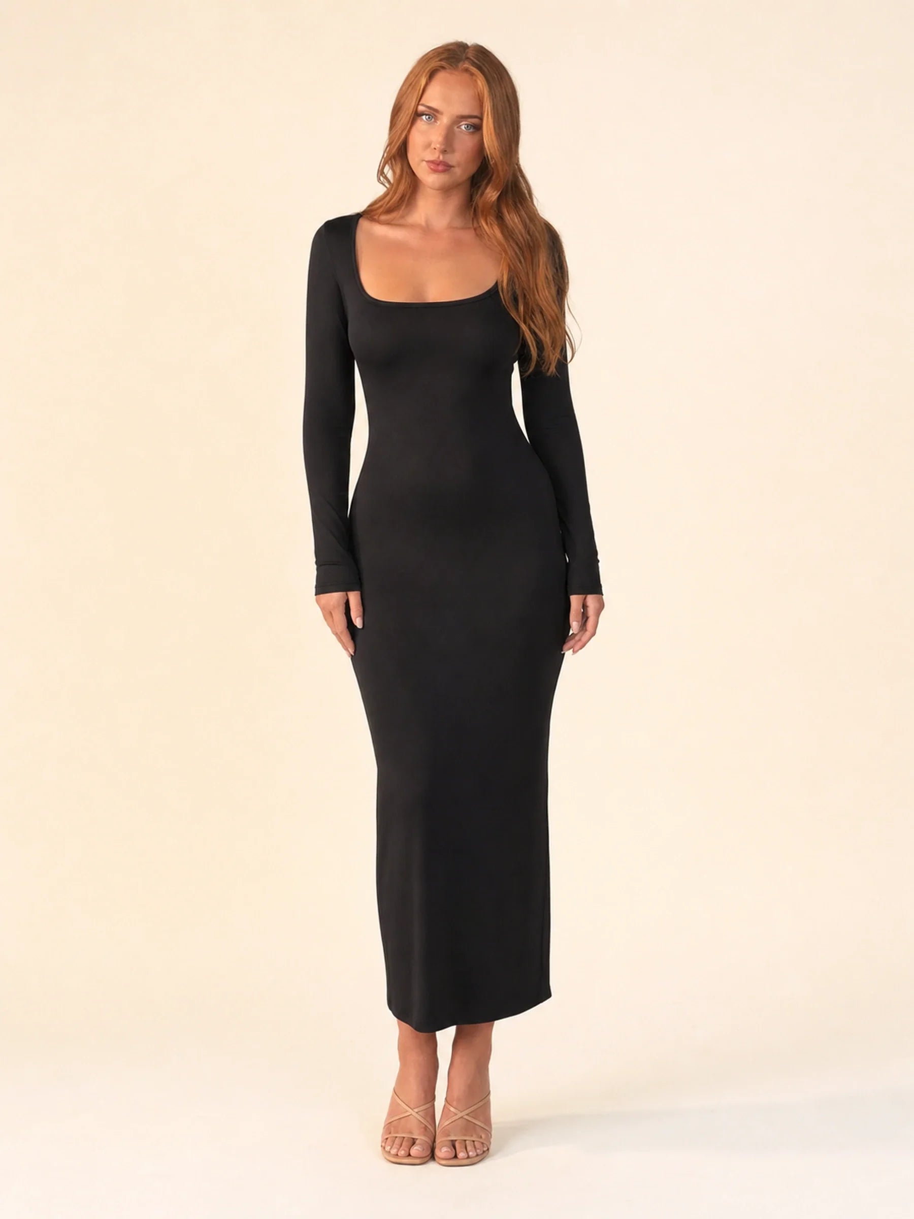 Long Sleeve Bodycon Midi Dress Isolde Rose - Black - front