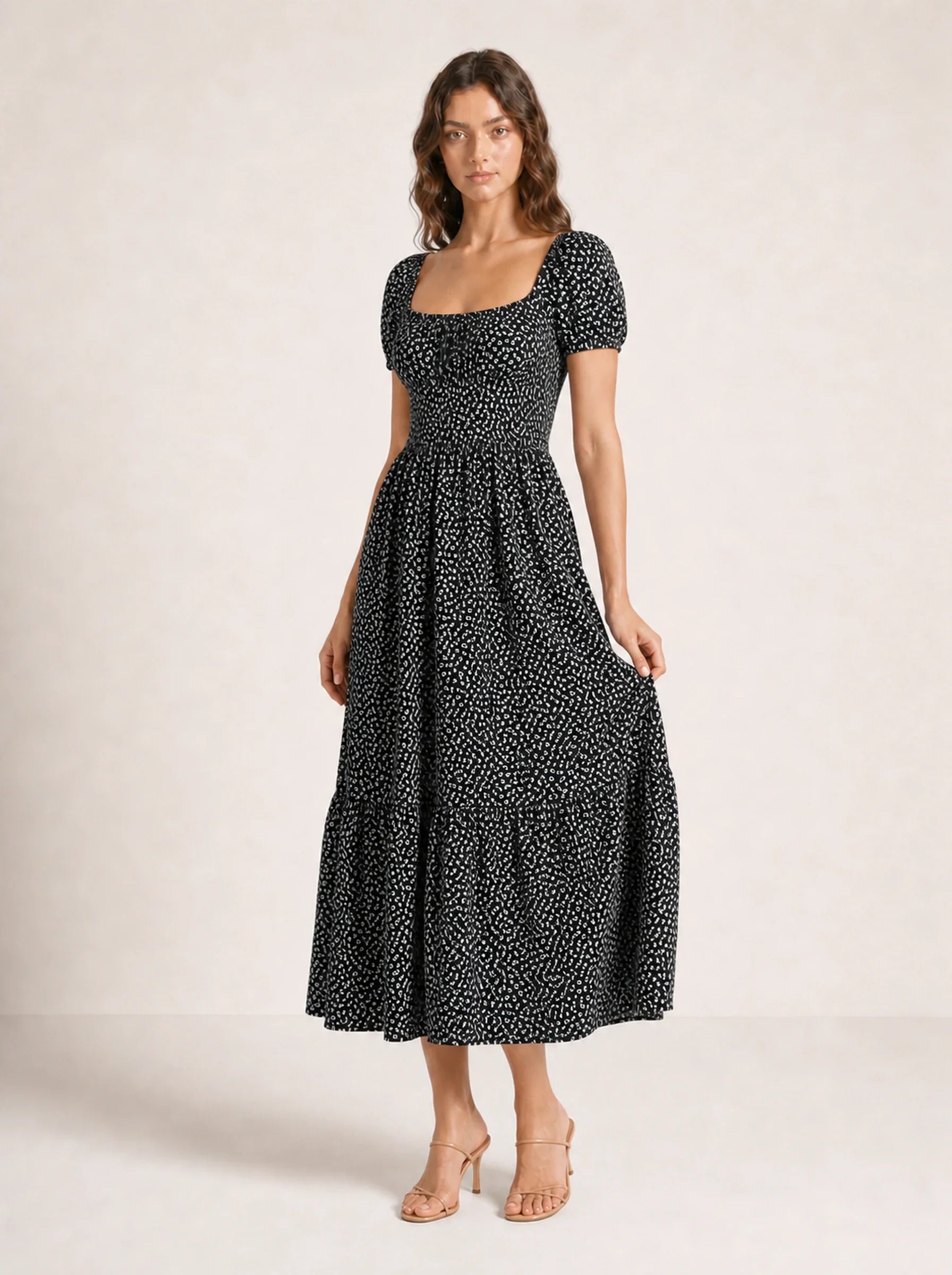 Floral Puff Sleeve Maxi Dress Isolde Rose - Black - Three Quarter