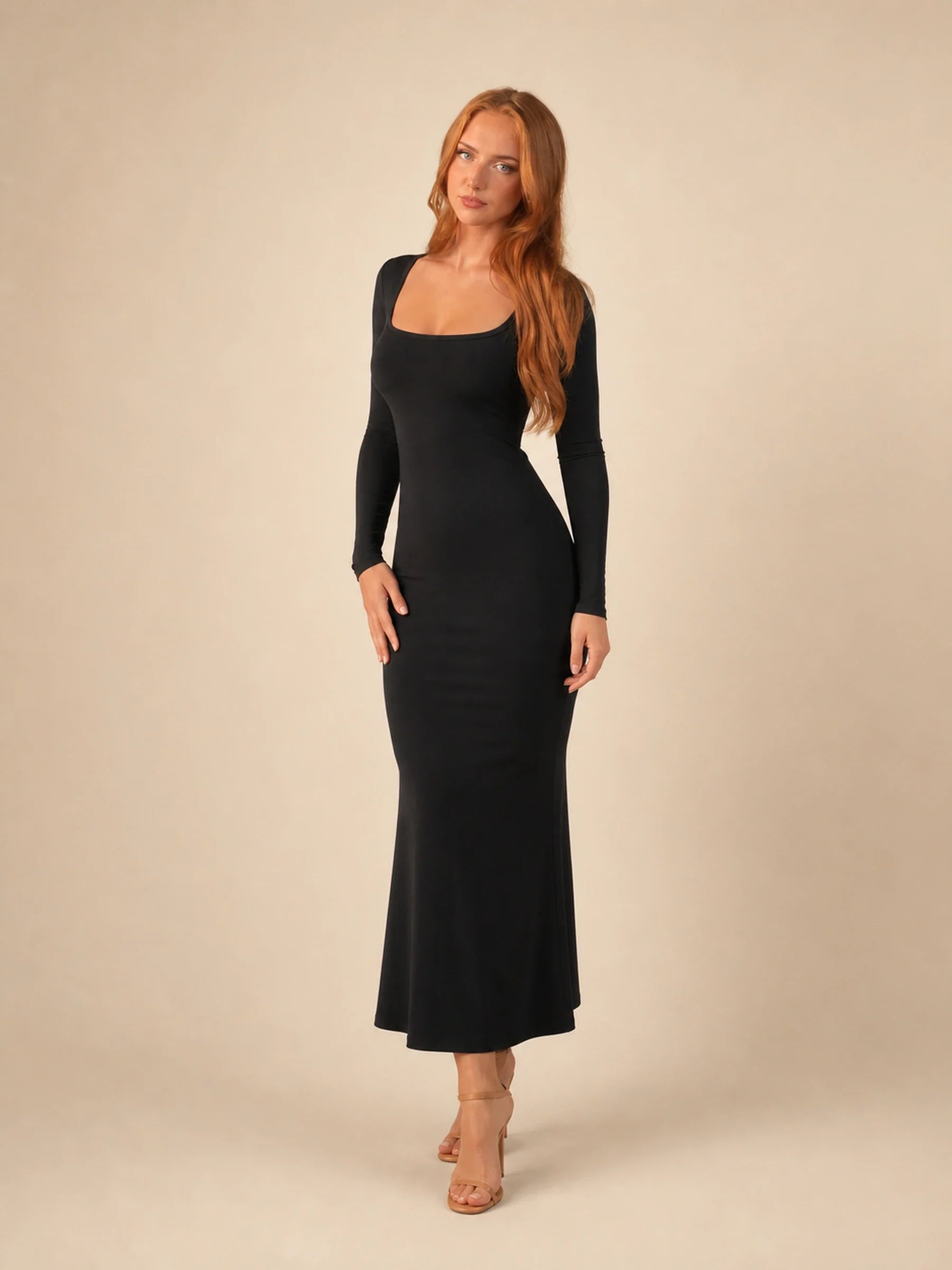 Long Sleeve Bodycon Midi Dress Isolde Rose - Black - alternate front