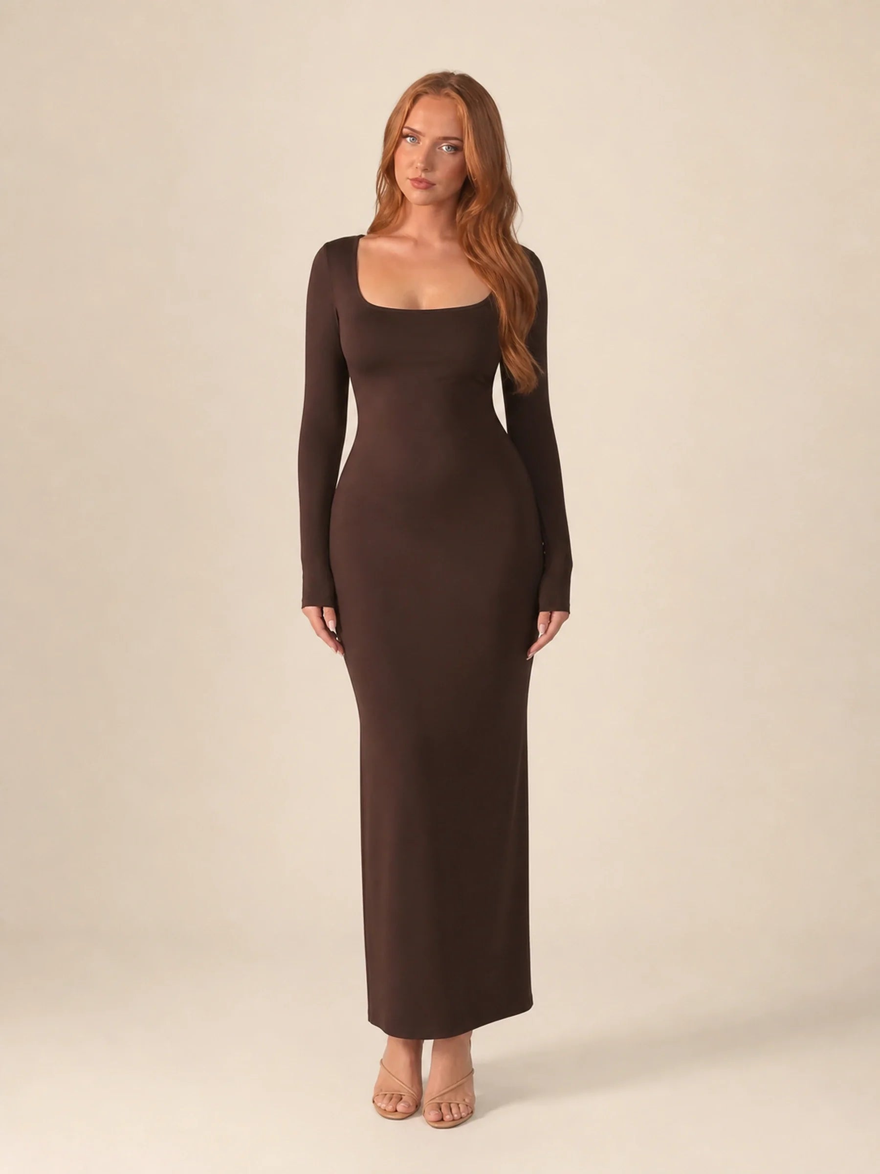 Long Sleeve Bodycon Midi Dress Isolde Rose - Brown - front