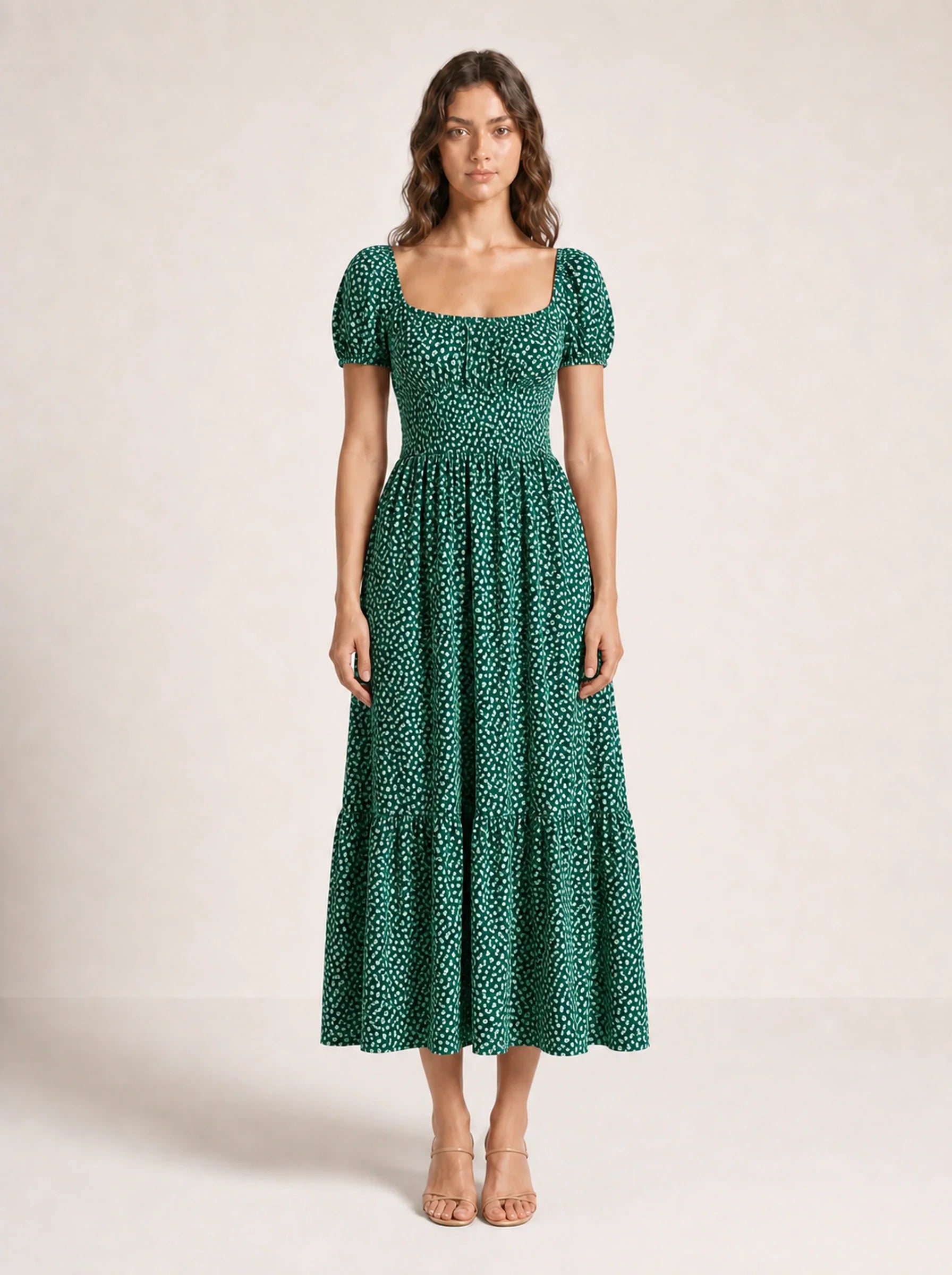 Floral Puff Sleeve Maxi Dress Isolde Rose - Green - Front