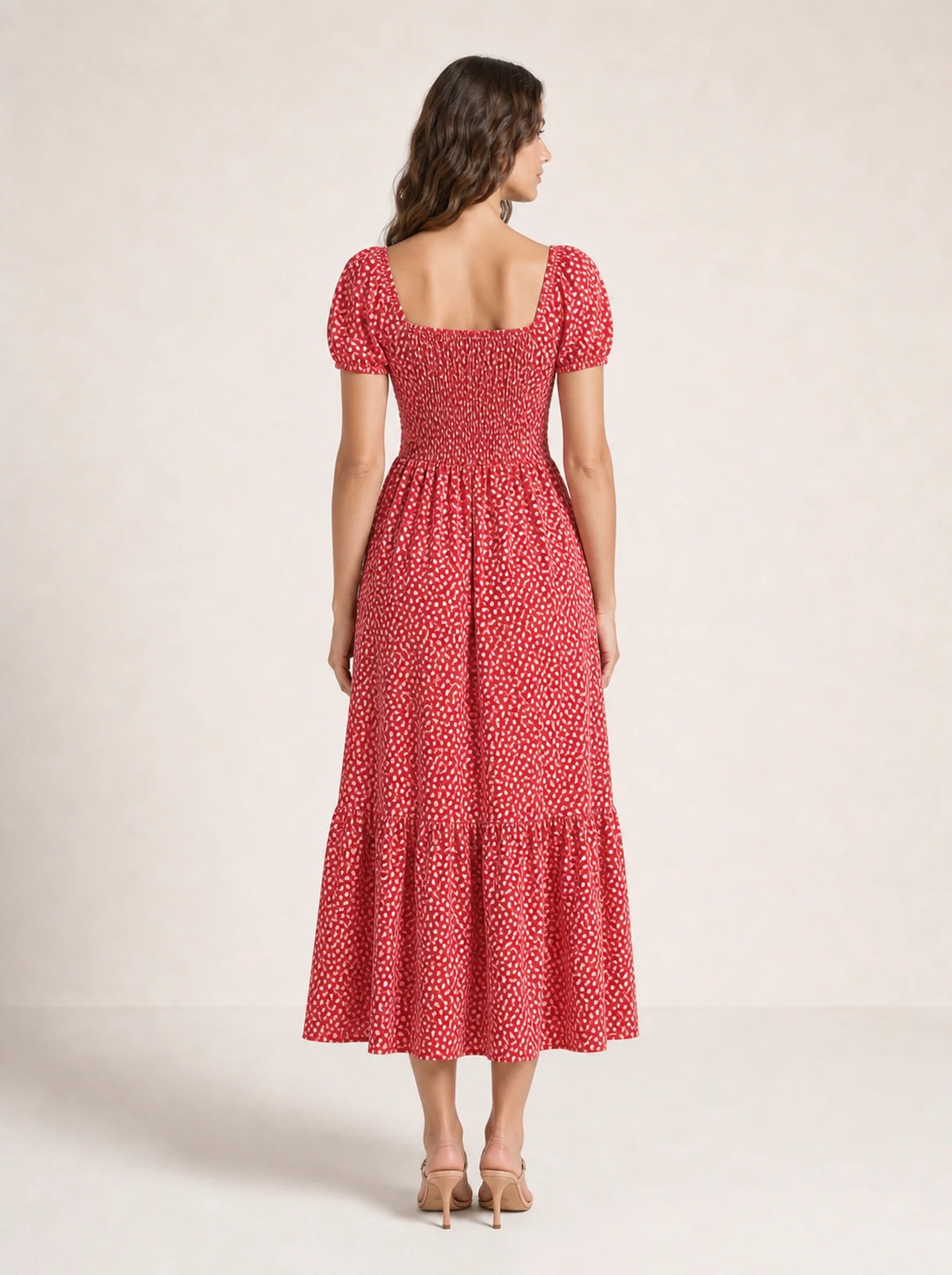 Floral Puff Sleeve Maxi Dress Isolde Rose - Red - Back