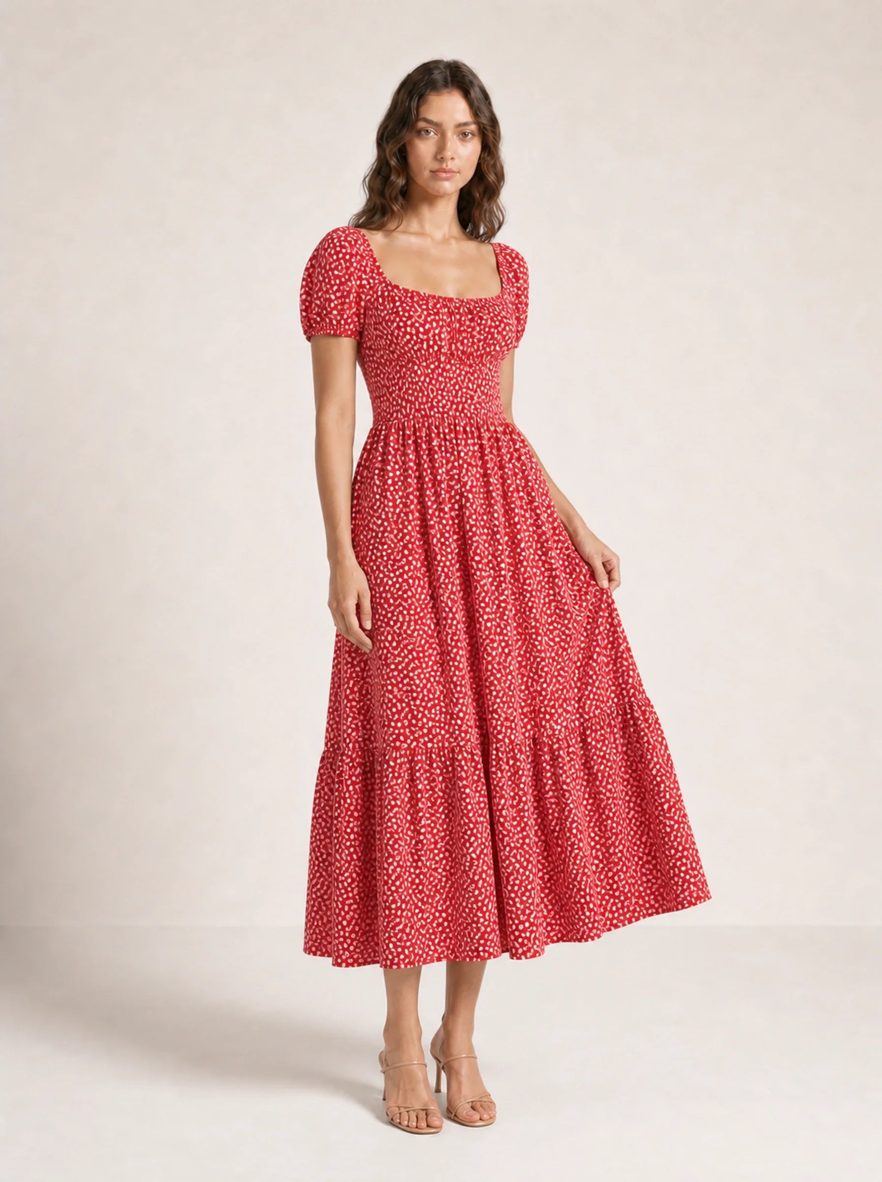 Floral Puff Sleeve Maxi Dress Isolde Rose - Red - Three Quarter