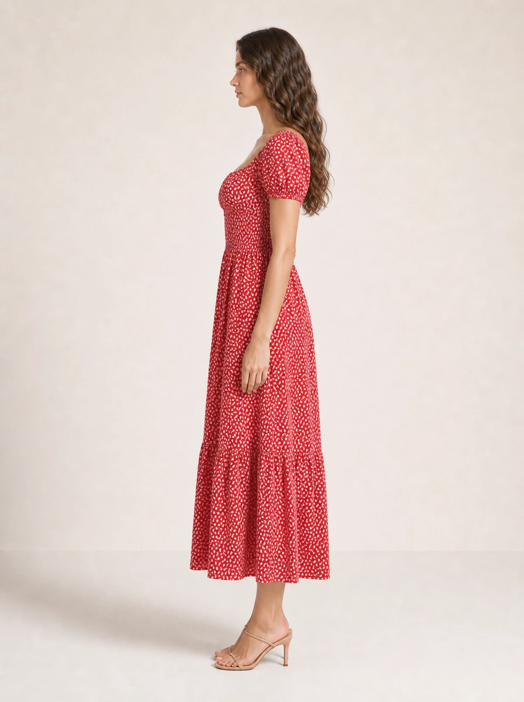 Floral Puff Sleeve Maxi Dress Isolde Rose - Red - Left Profile