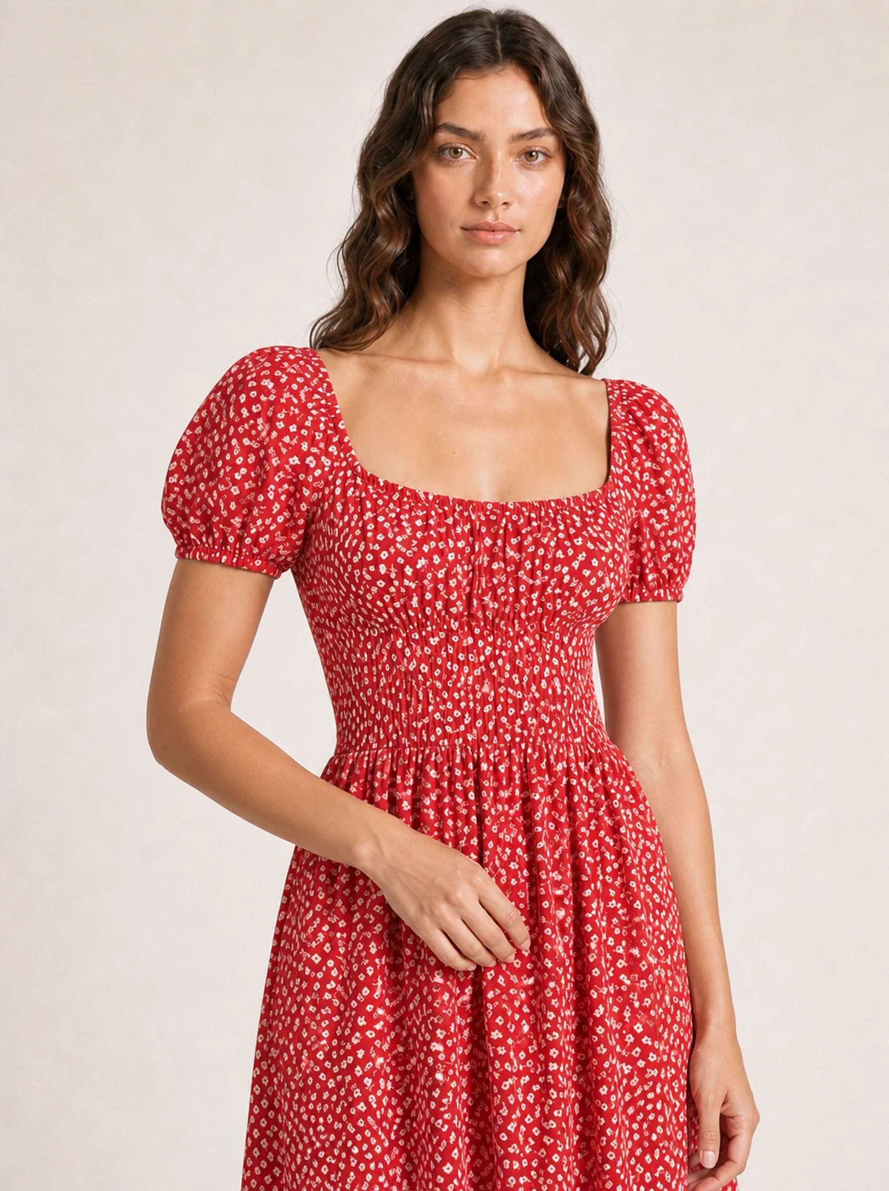 Floral Puff Sleeve Maxi Dress Isolde Rose - Red - Fabric and Fit