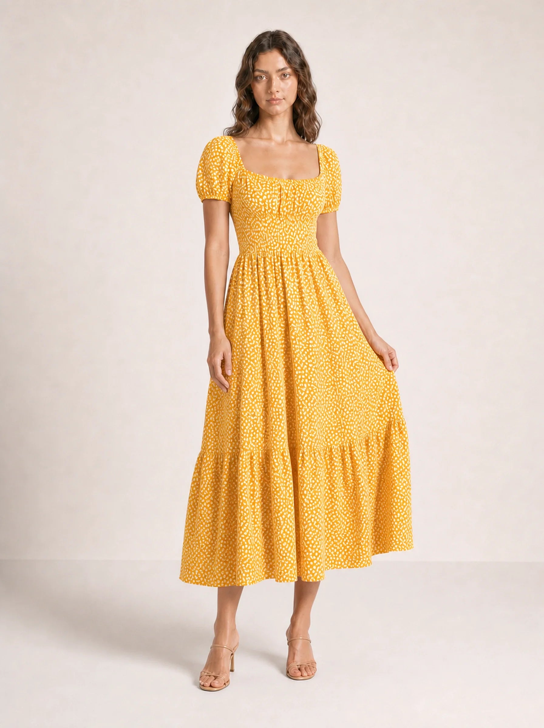 Floral Puff Sleeve Maxi Dress Isolde Rose - Yellow - Three Quarter
