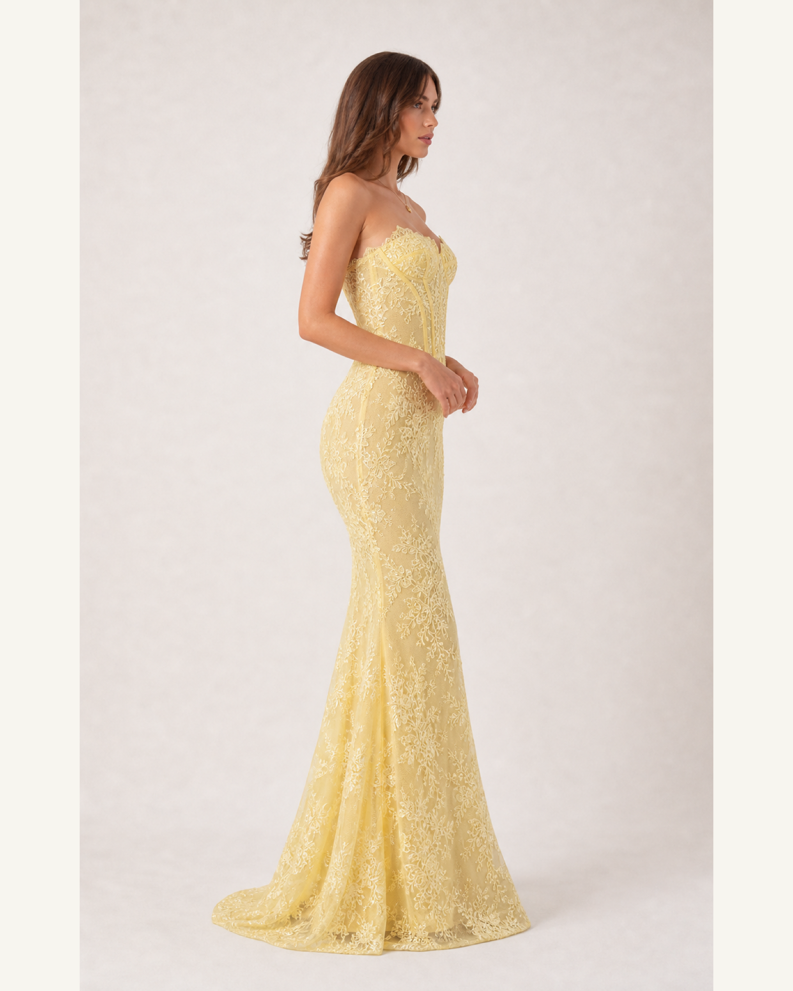 Embroidered Lace Mermaid Gown Marigold Rose - Yellow - Right Profile