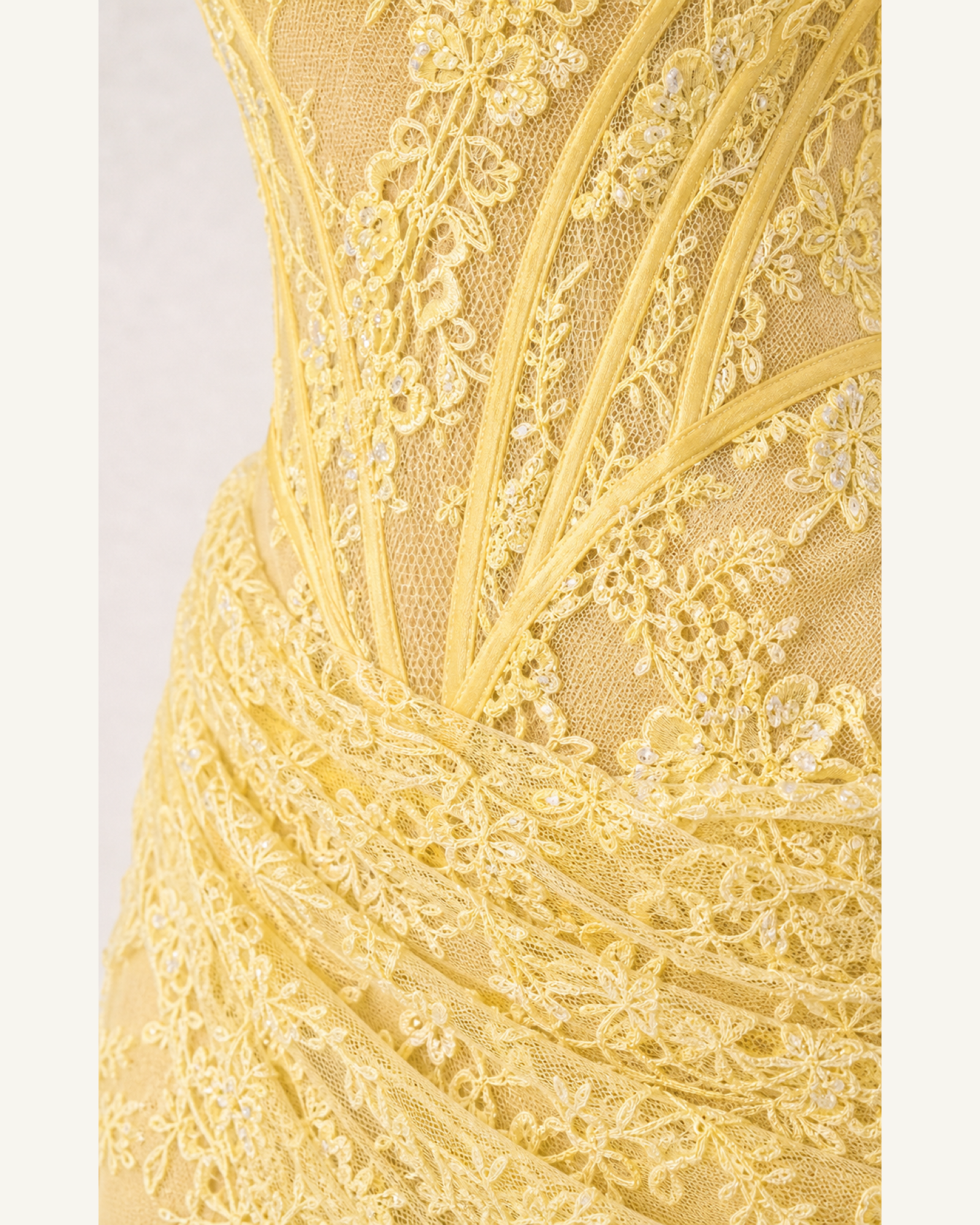 Embroidered Lace Mermaid Gown Marigold Rose - Yellow - Upper Closeup