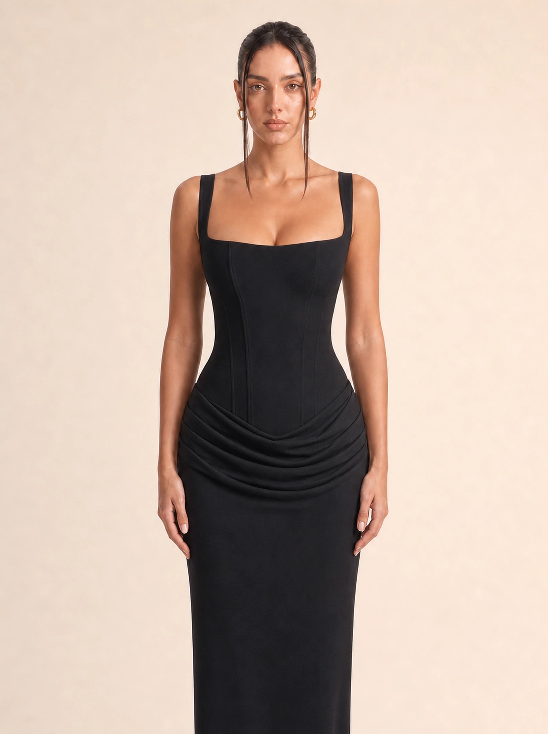 Ruched Bodycon Dress Valentina Rose - Black bodice close-up