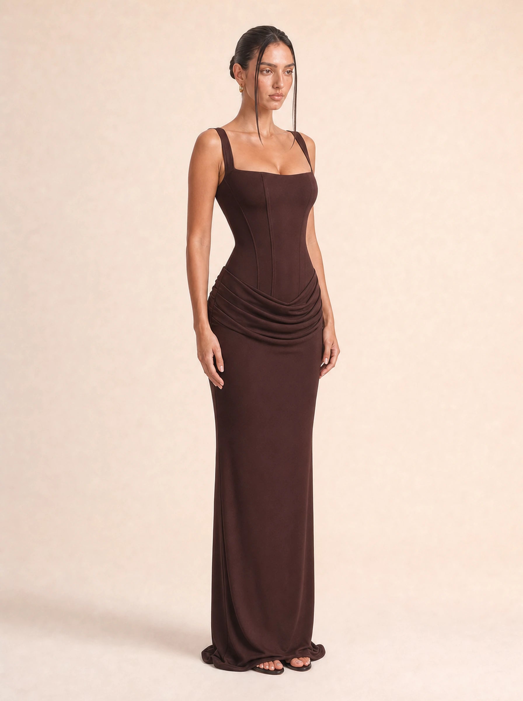 Ruched Bodycon Dress Valentina Rose - Brown three-quarter view