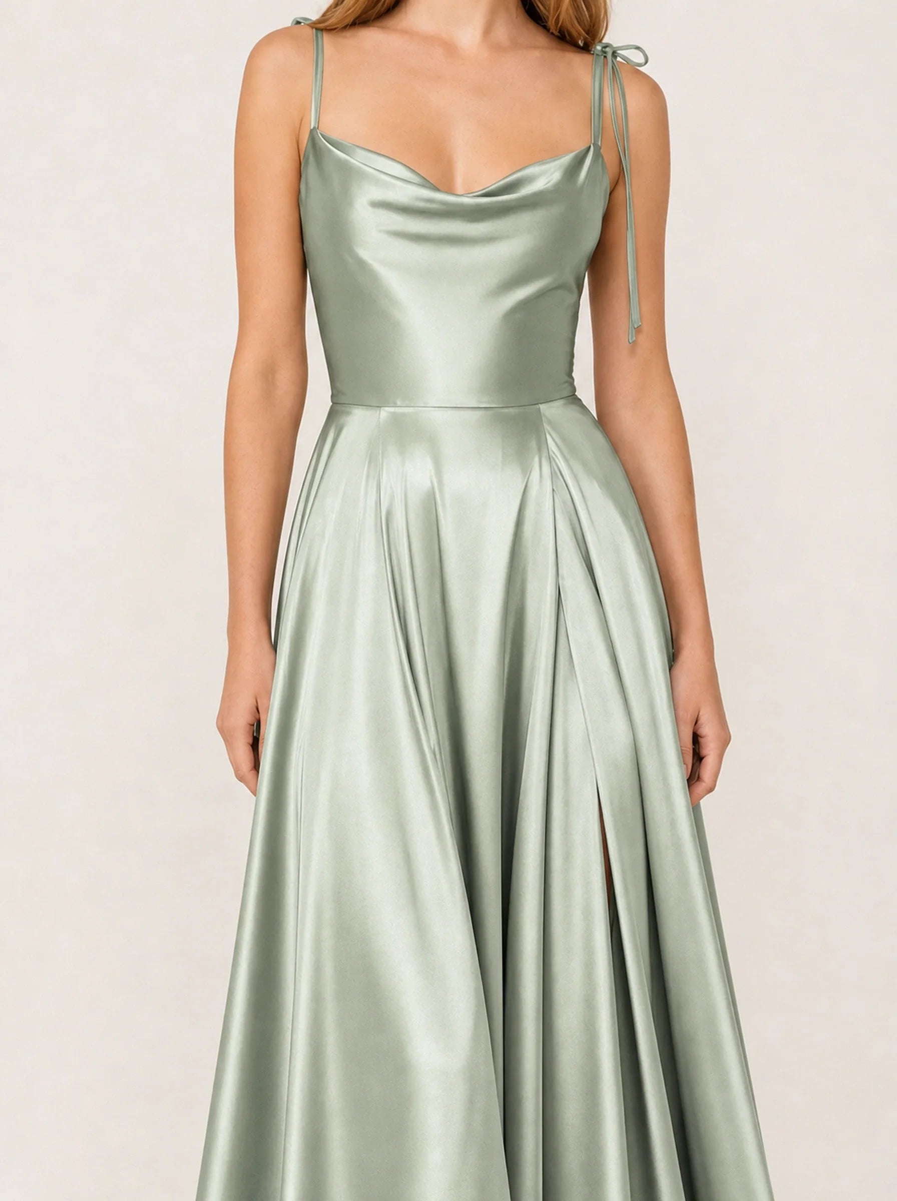Satin A-Line Prom Gown Isabeau Rose - Dusty Green - Fit Close up