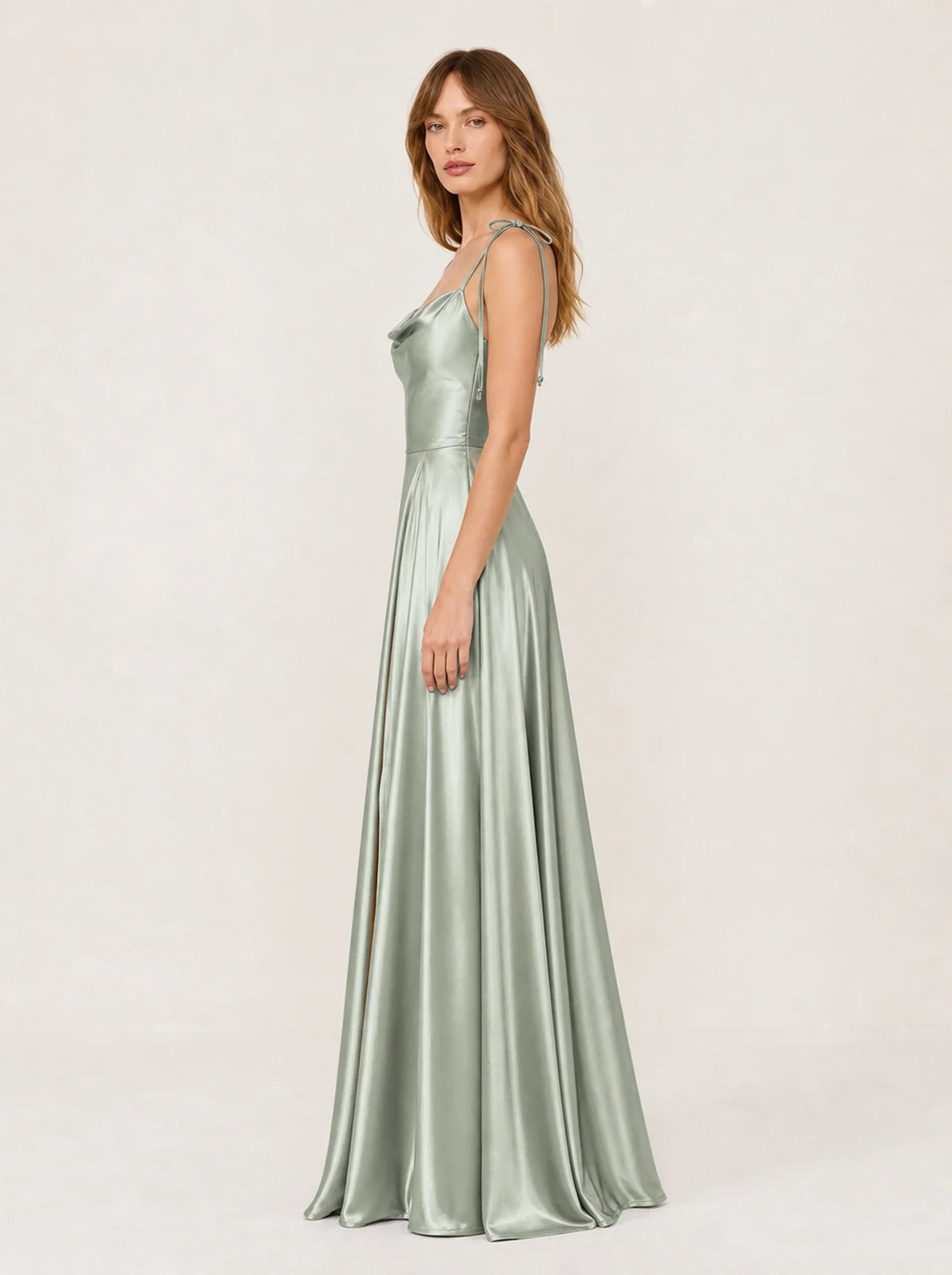 Satin A-Line Prom Gown Isabeau Rose - Dusty Green - Left Profile