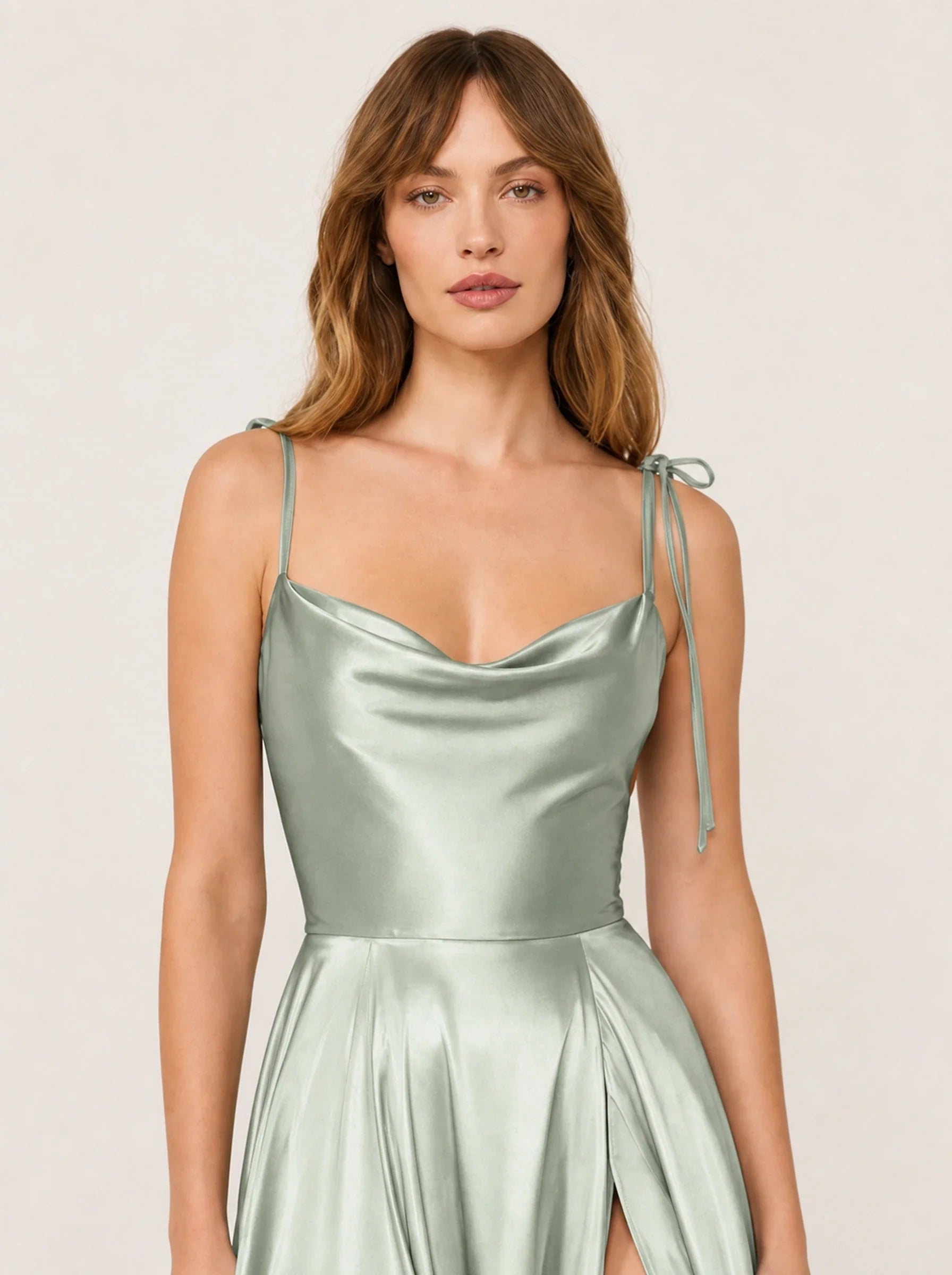 Satin A-Line Prom Gown Isabeau Rose - Dusty Green - Neckline Close up