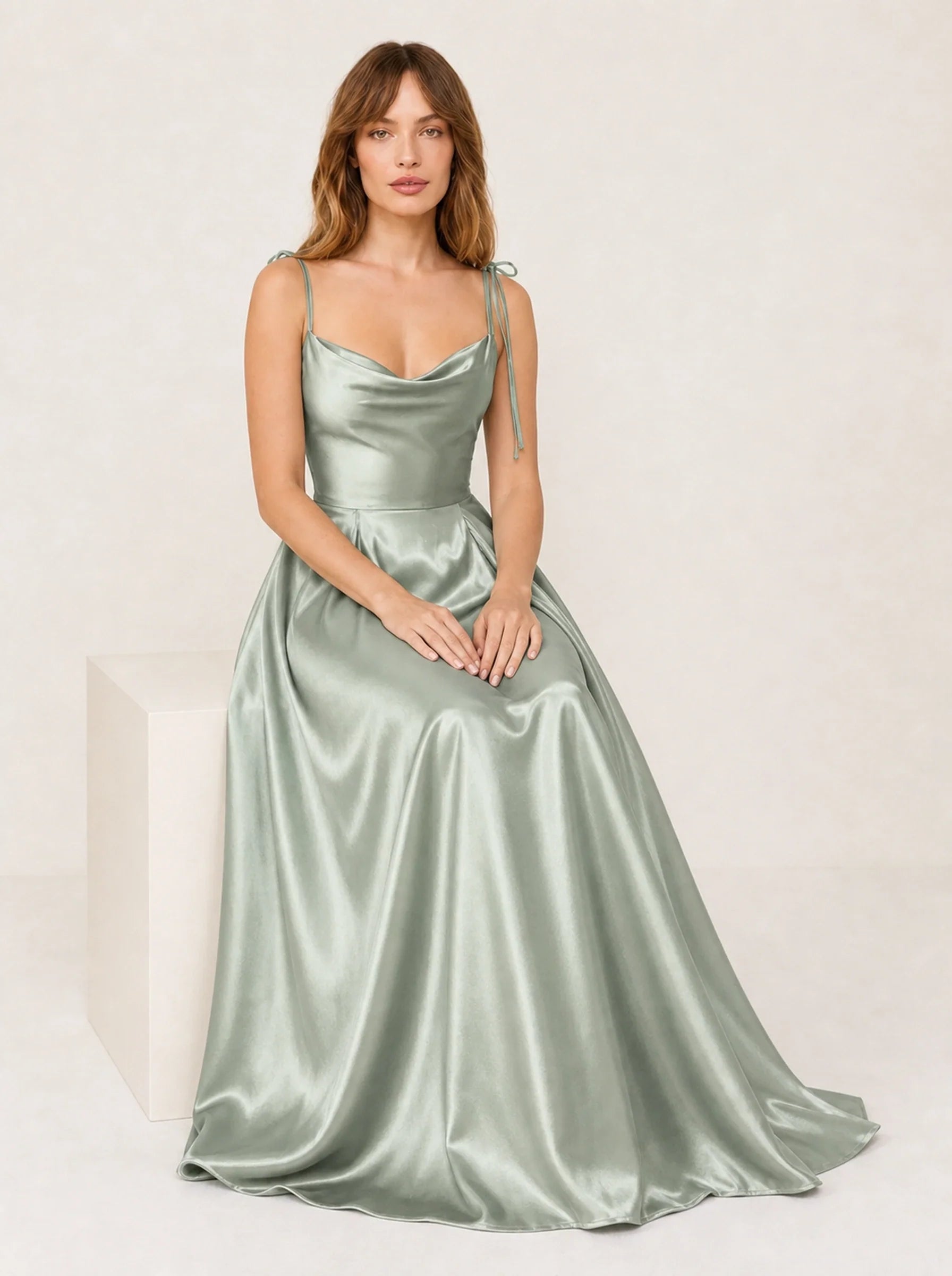 Satin A-Line Prom Gown Isabeau Rose - Dusty Green - Seated