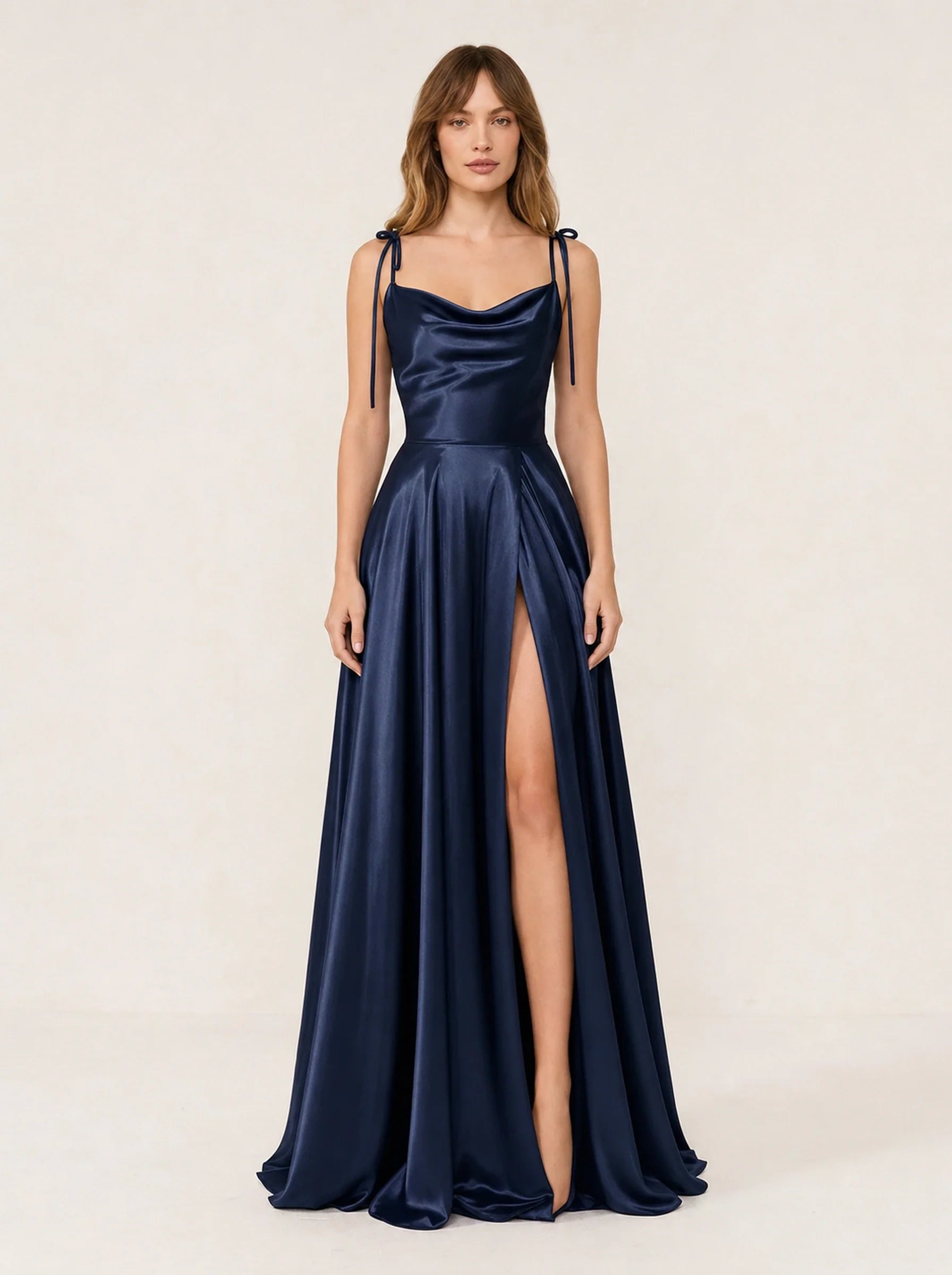 Satin A-Line Prom Gown Isabeau Rose - Navy Blue - Front