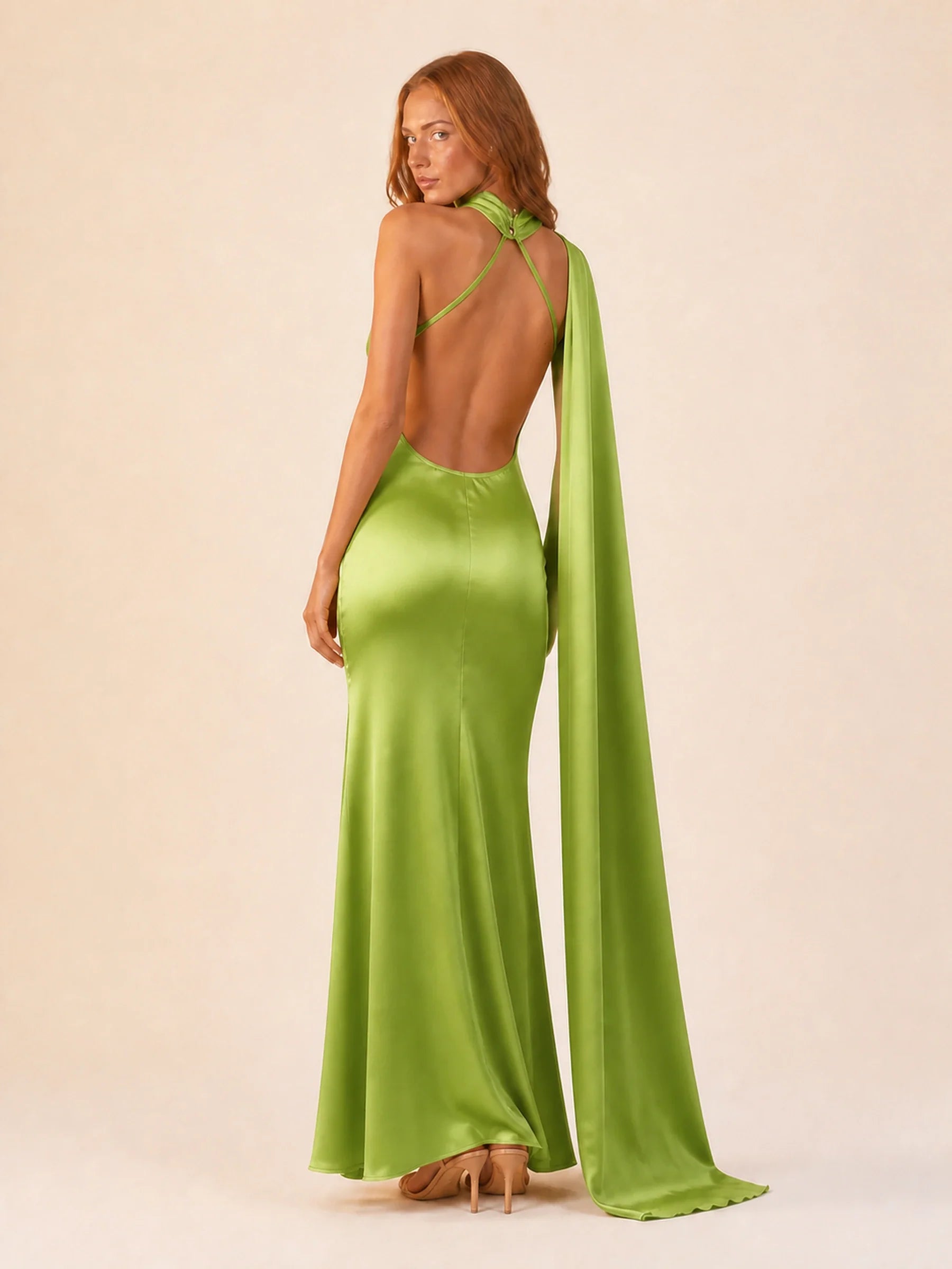 Satin Halter Dress Margot Rose - Green - back